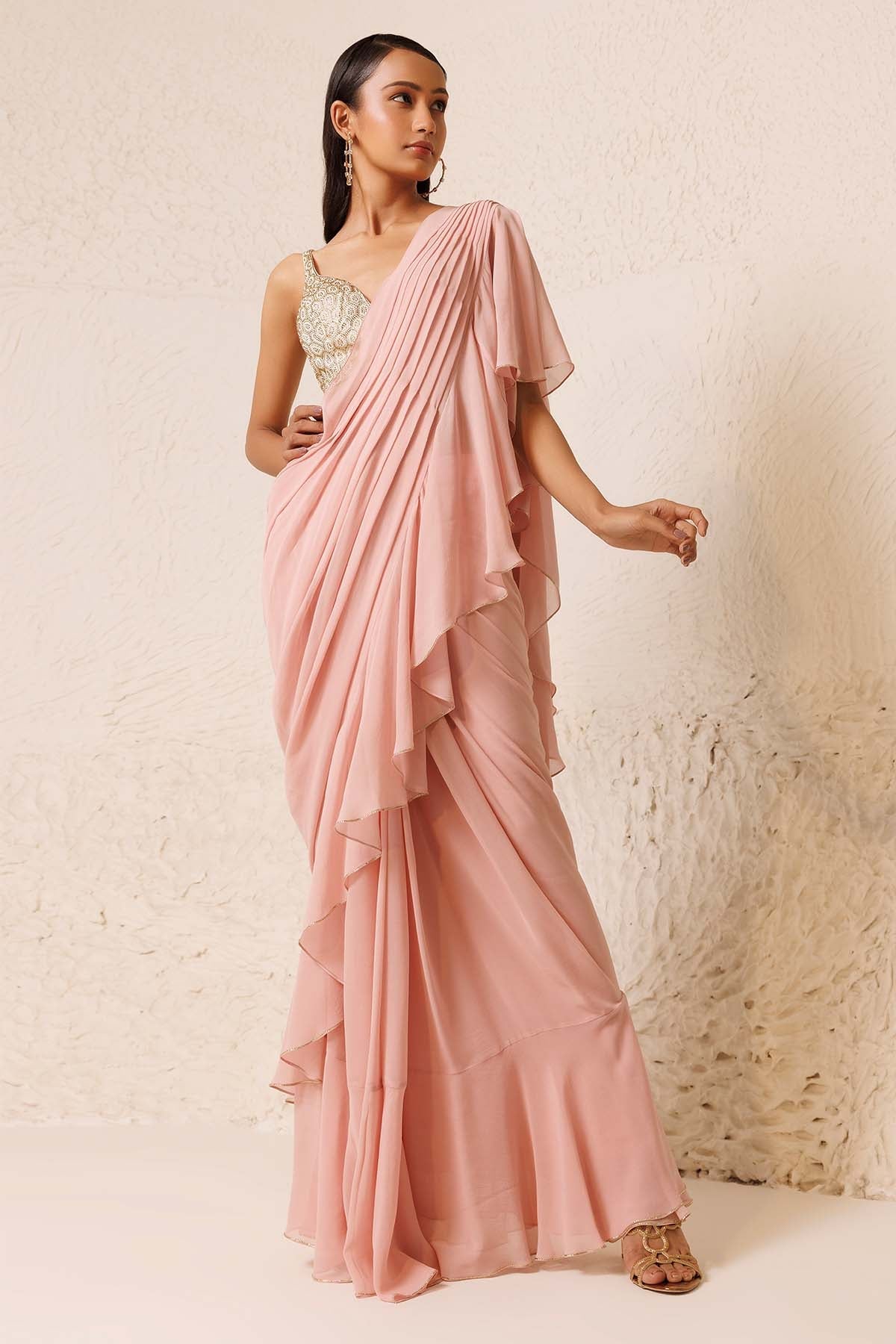 Chhaya Mehrotra Pink Ruffle Pre-Draped Saree for women online at ScrollnShops