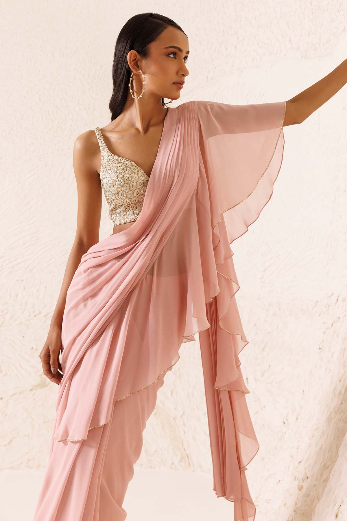 Pink Ruffle Pre-Draped Saree