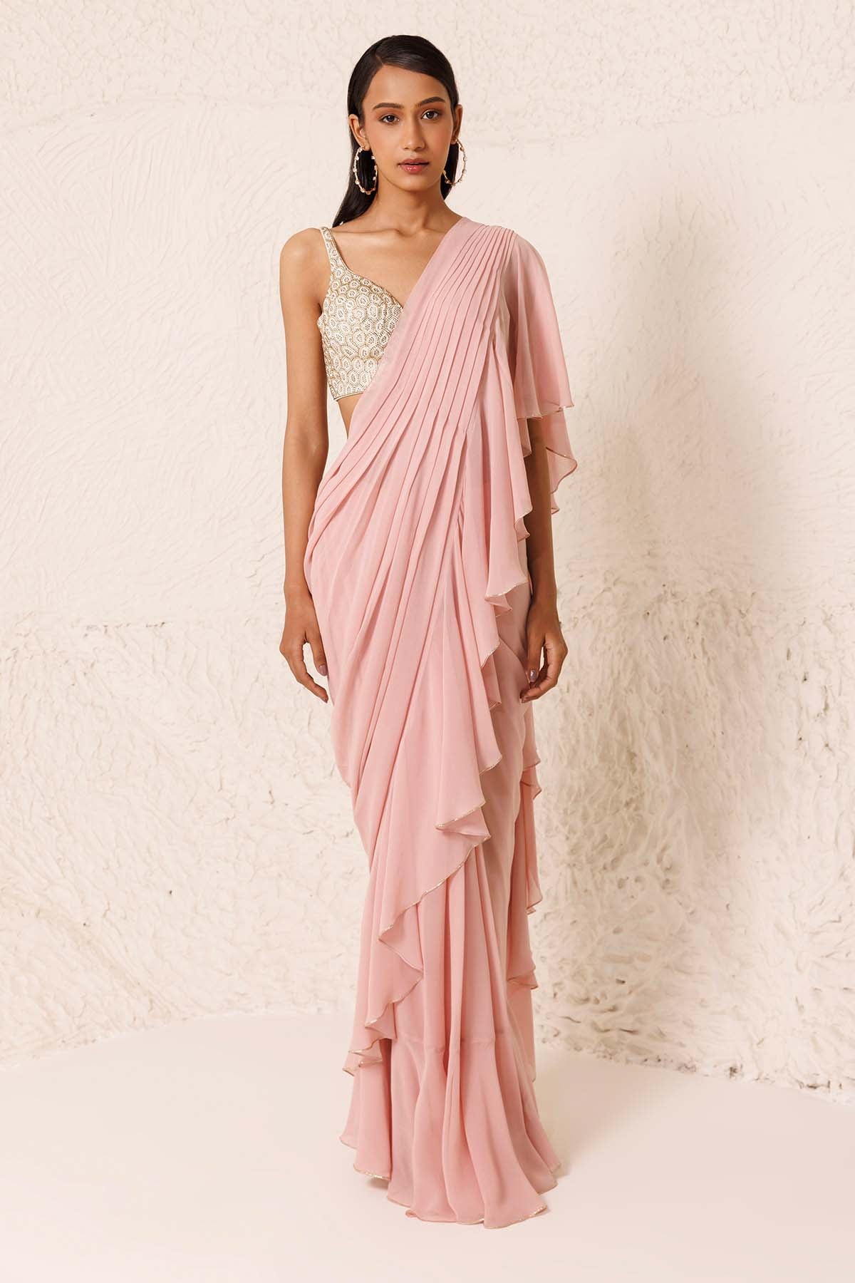 Pink Ruffle Pre-Draped Saree