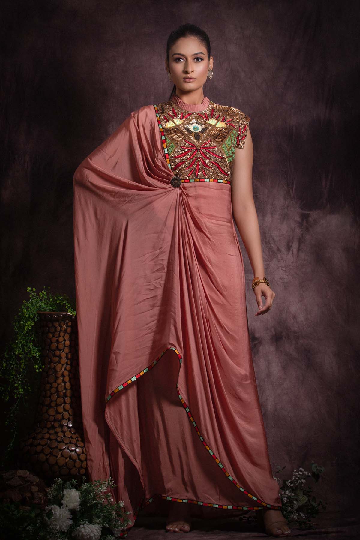 Pink Saree Draped Dress at ScrollnShops