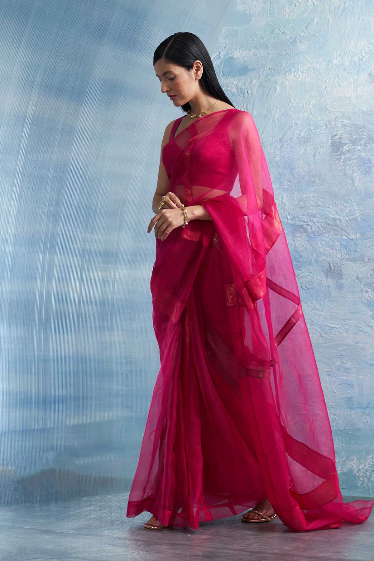 Pink Saree & Sleeveless Blouse