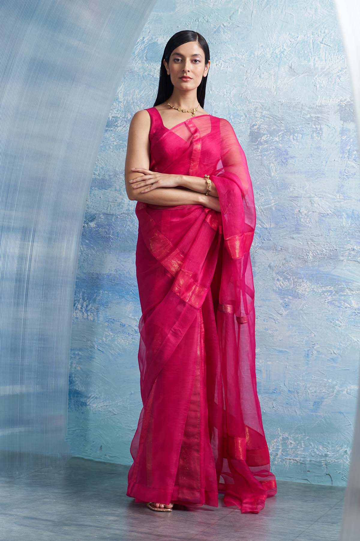 Buy Pink Saree & Sleeveless Blouse by Charkhee for women online at ScrollnShops