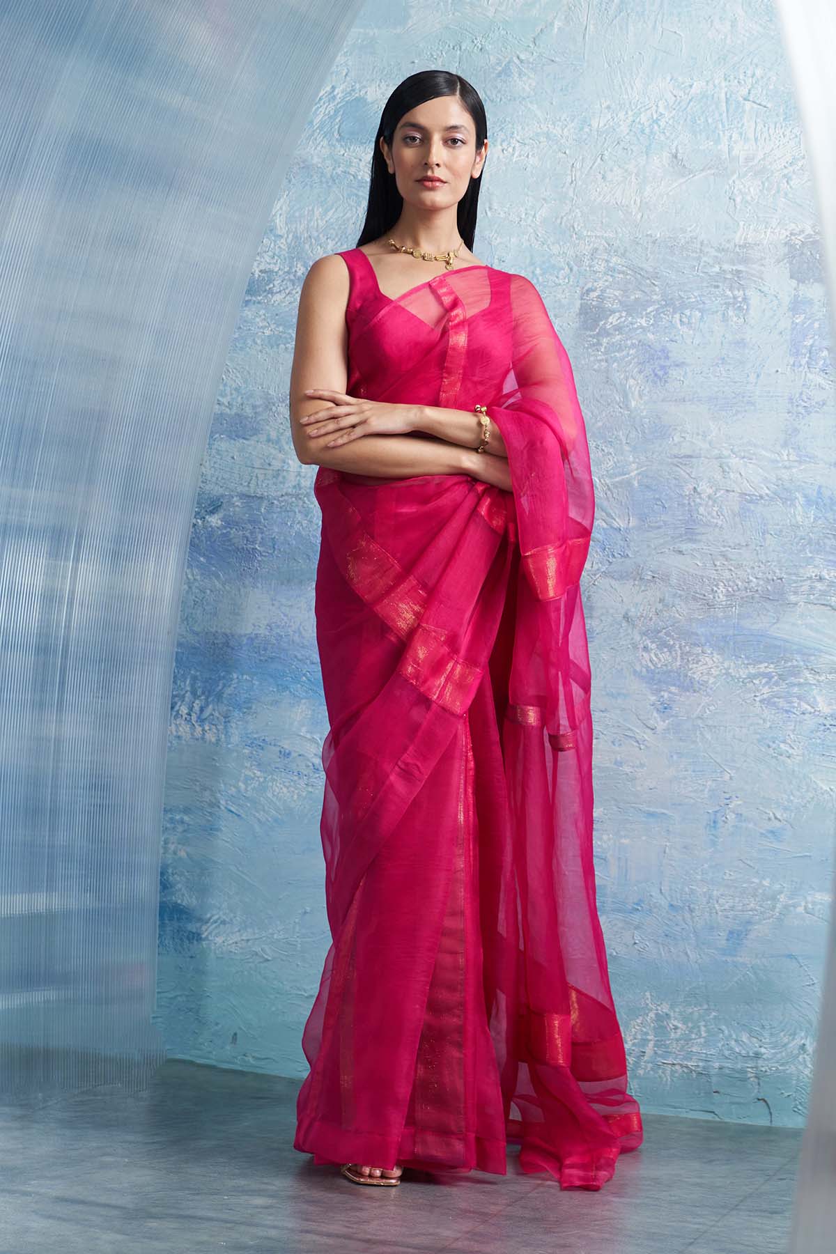 Buy Pink Saree & Sleeveless Blouse Online