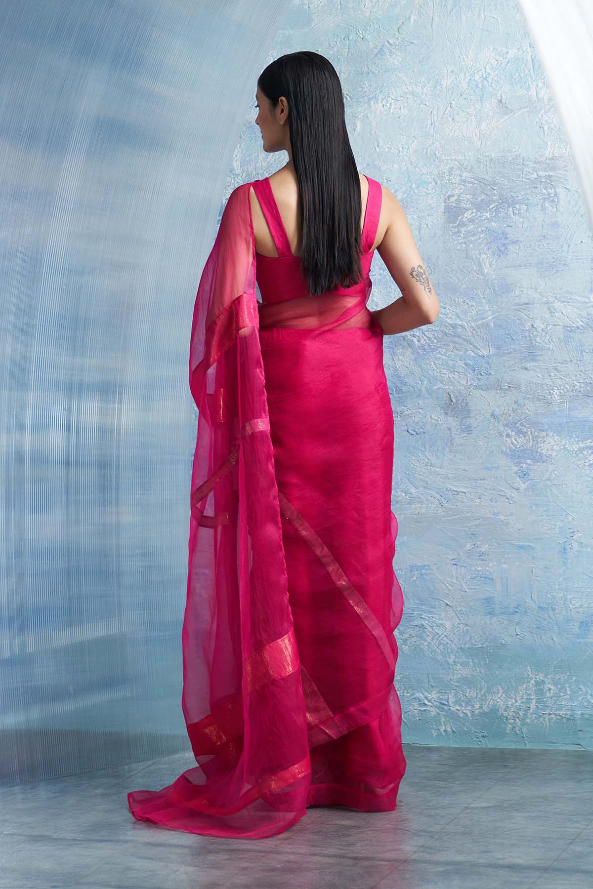 Pink Saree & Sleeveless Blouse