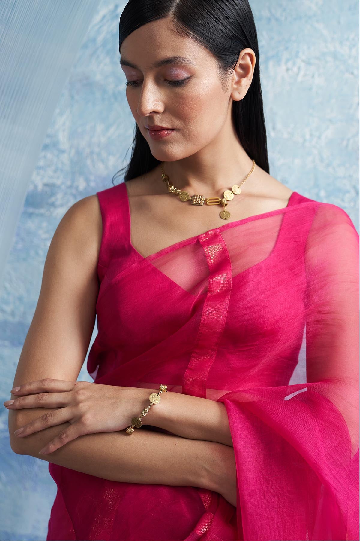 Pink Saree & Sleeveless Blouse