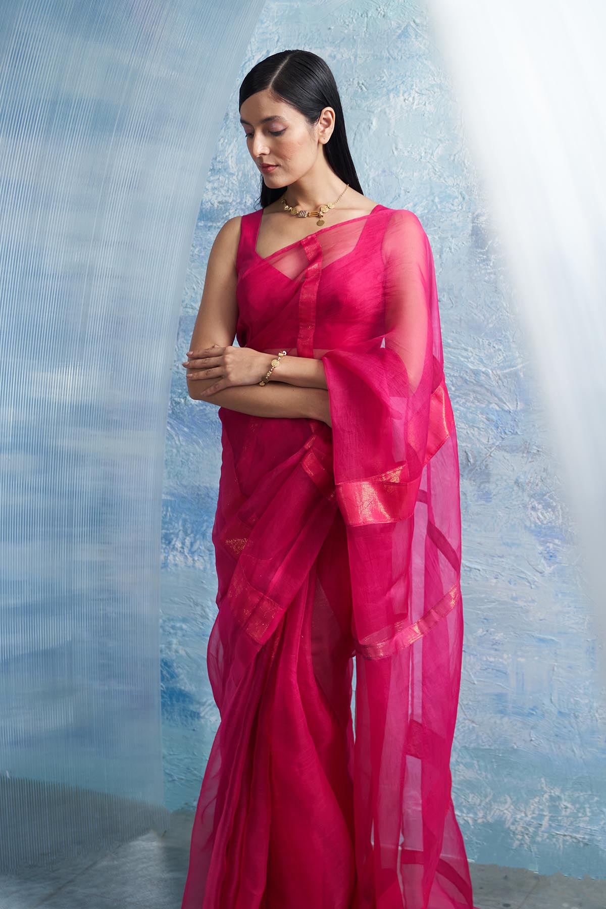 Pink Saree & Sleeveless Blouse