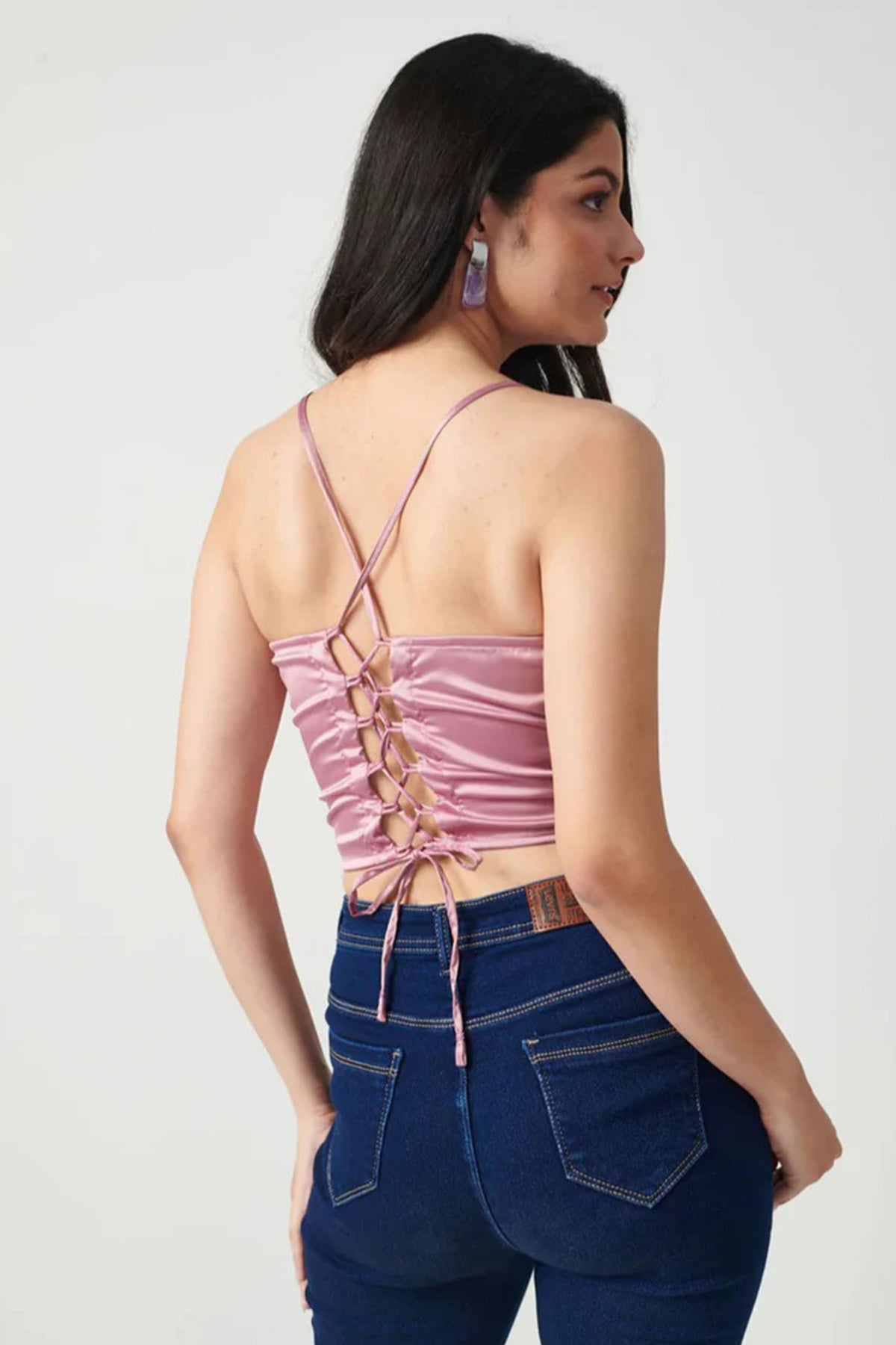 Pink Satin Back Lace Tie Top
