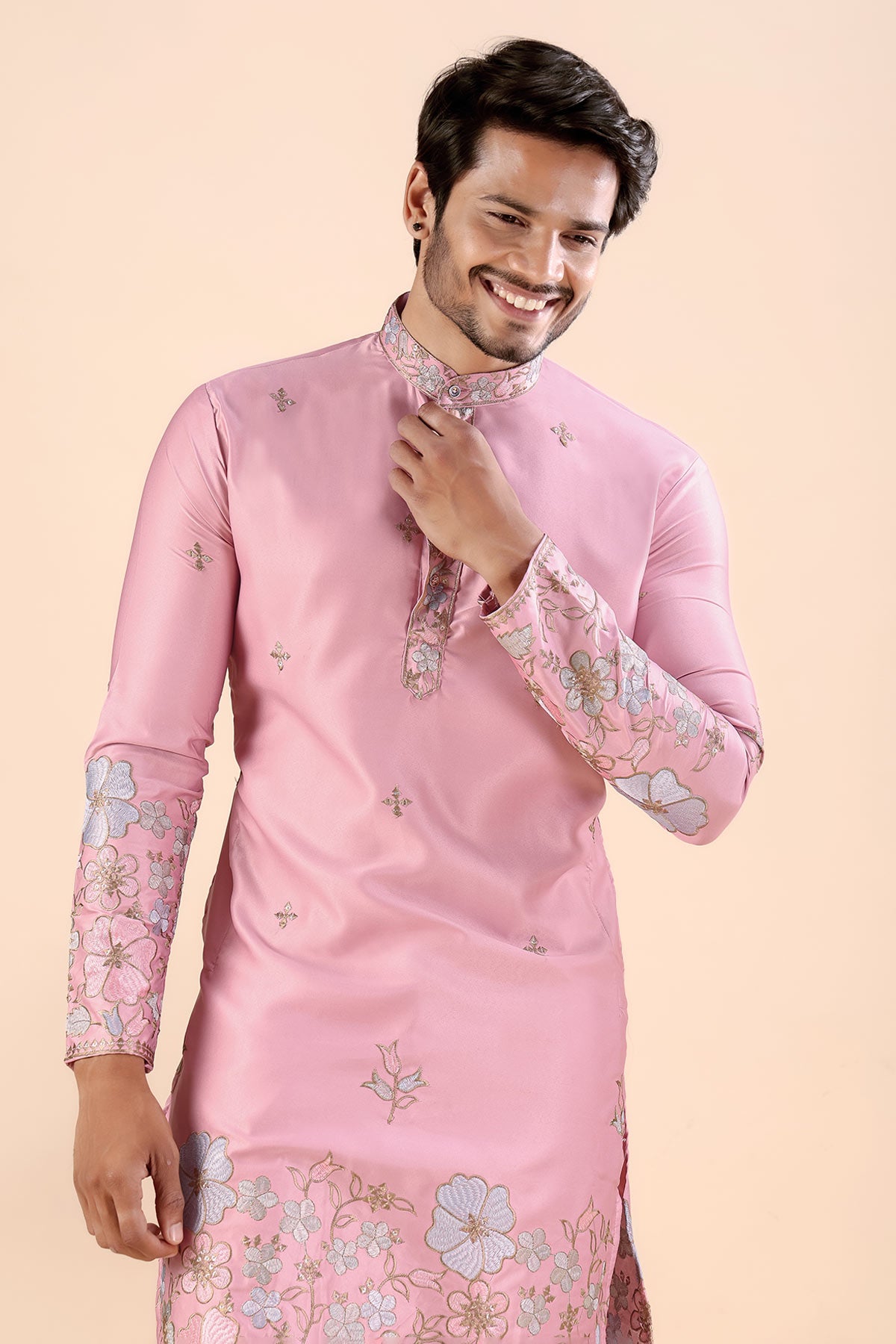 Pink Satin Embroidered Kurta