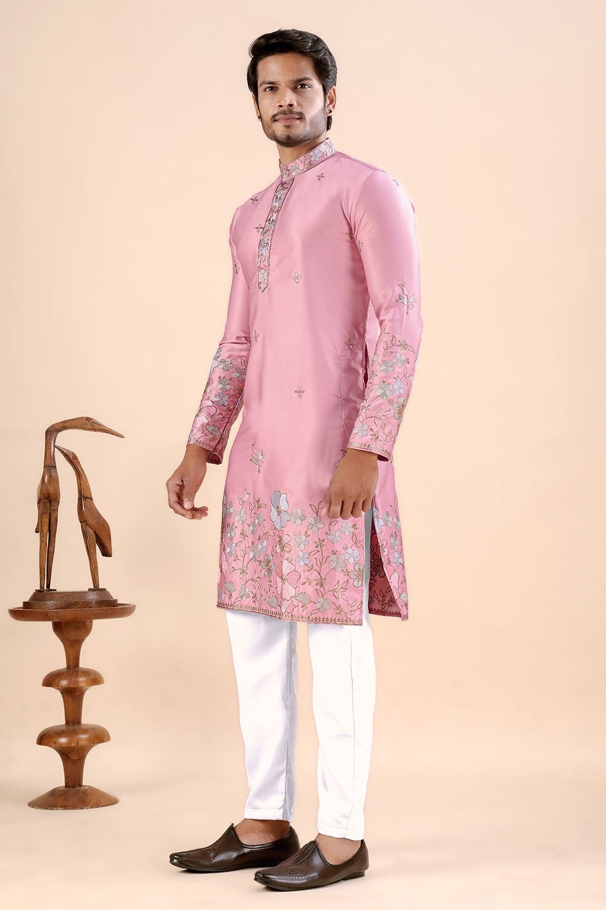 Pink Satin Embroidered Kurta