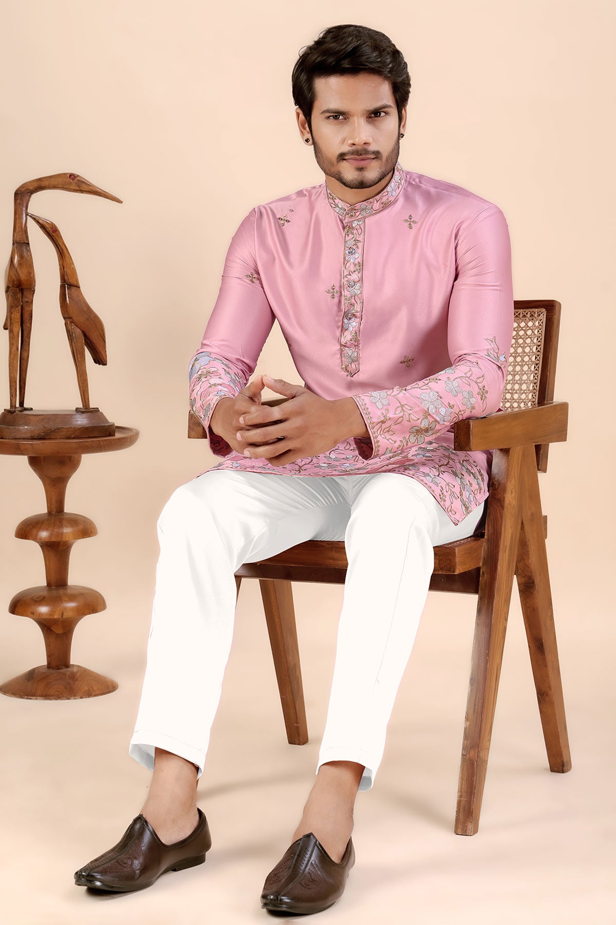 Pink Satin Embroidered Kurta
