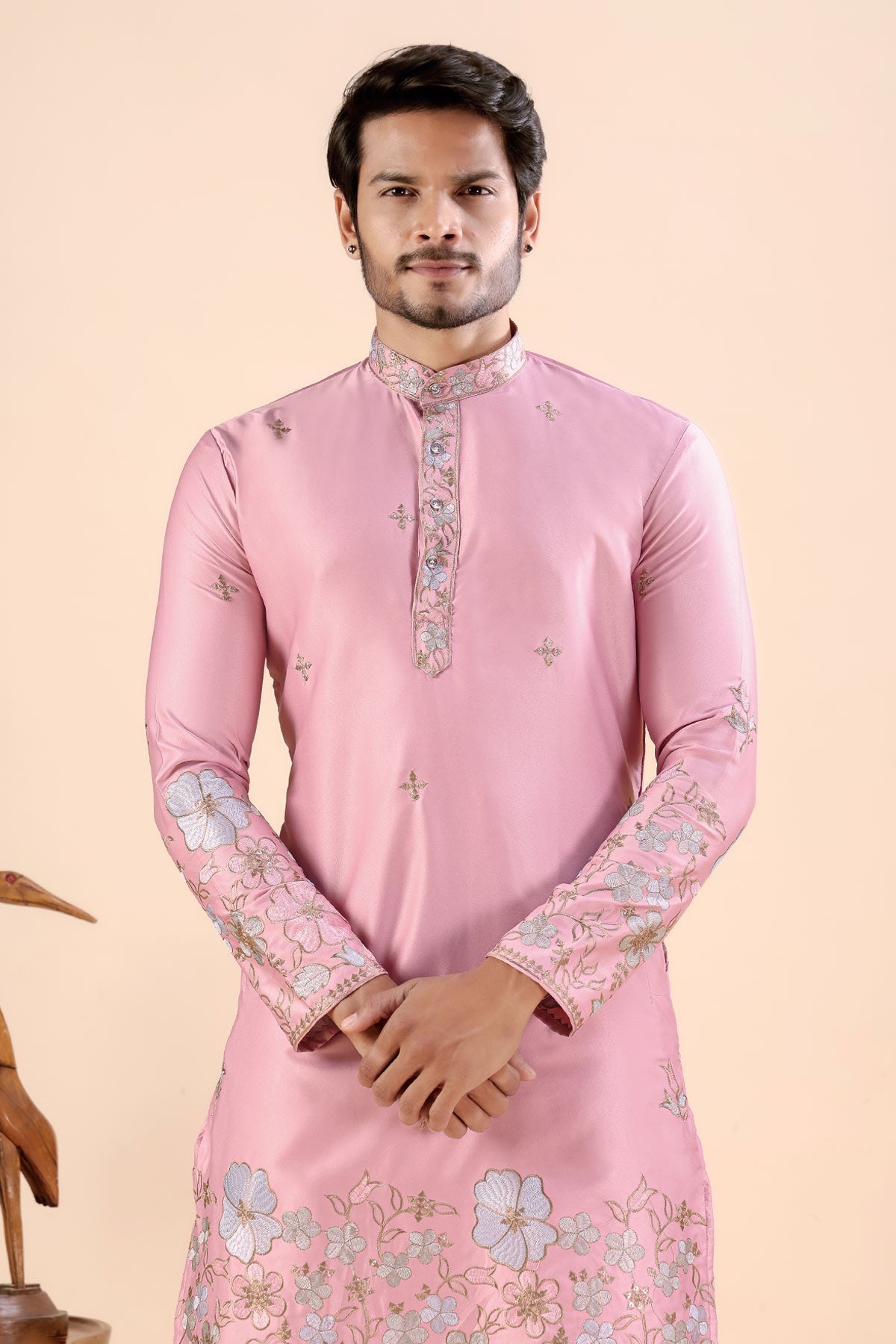 Buy Pink Satin Embroidered Kurta for men by Aastha Fashion online available at scrollnshops