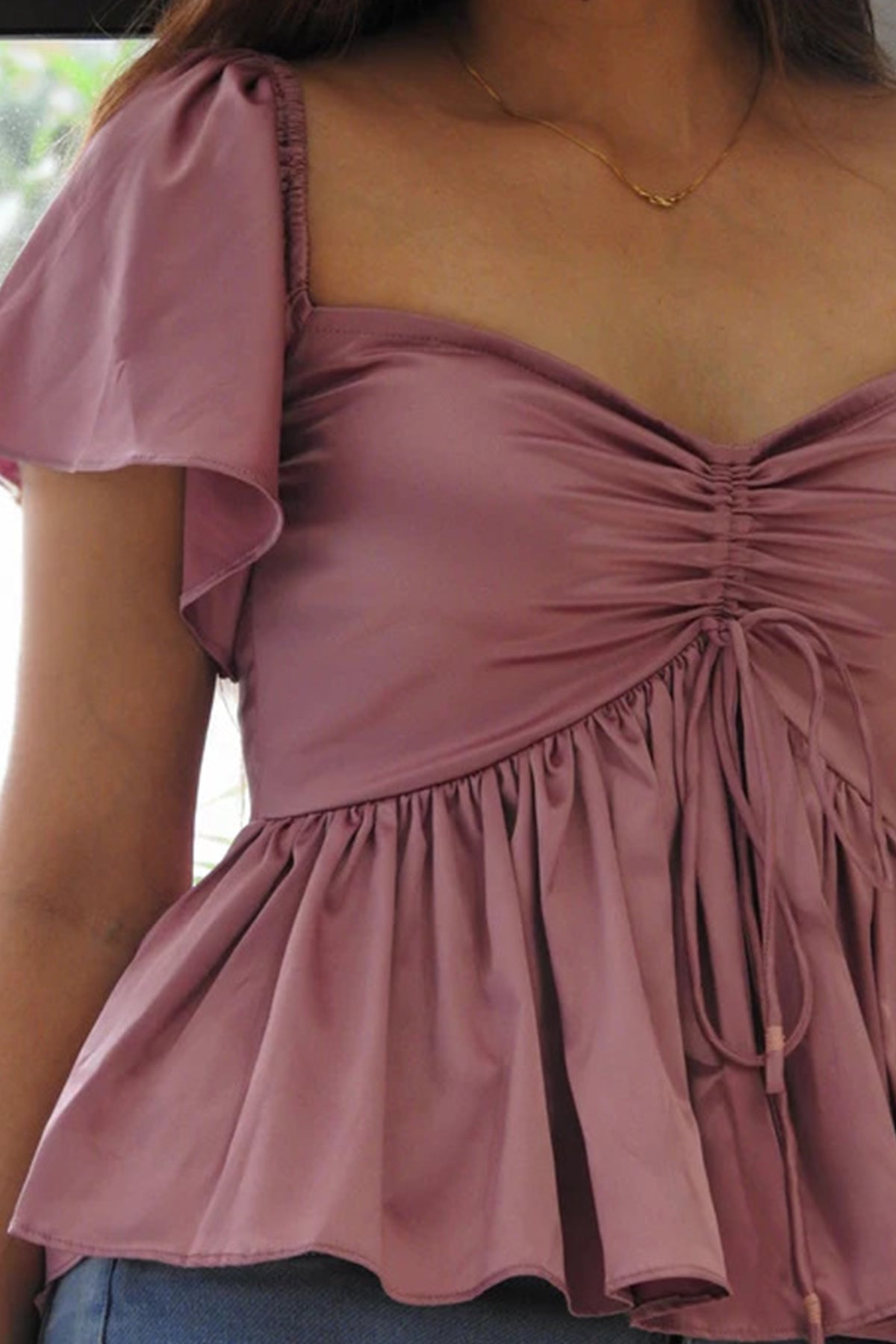 Pink Satin Peplum Flared Top