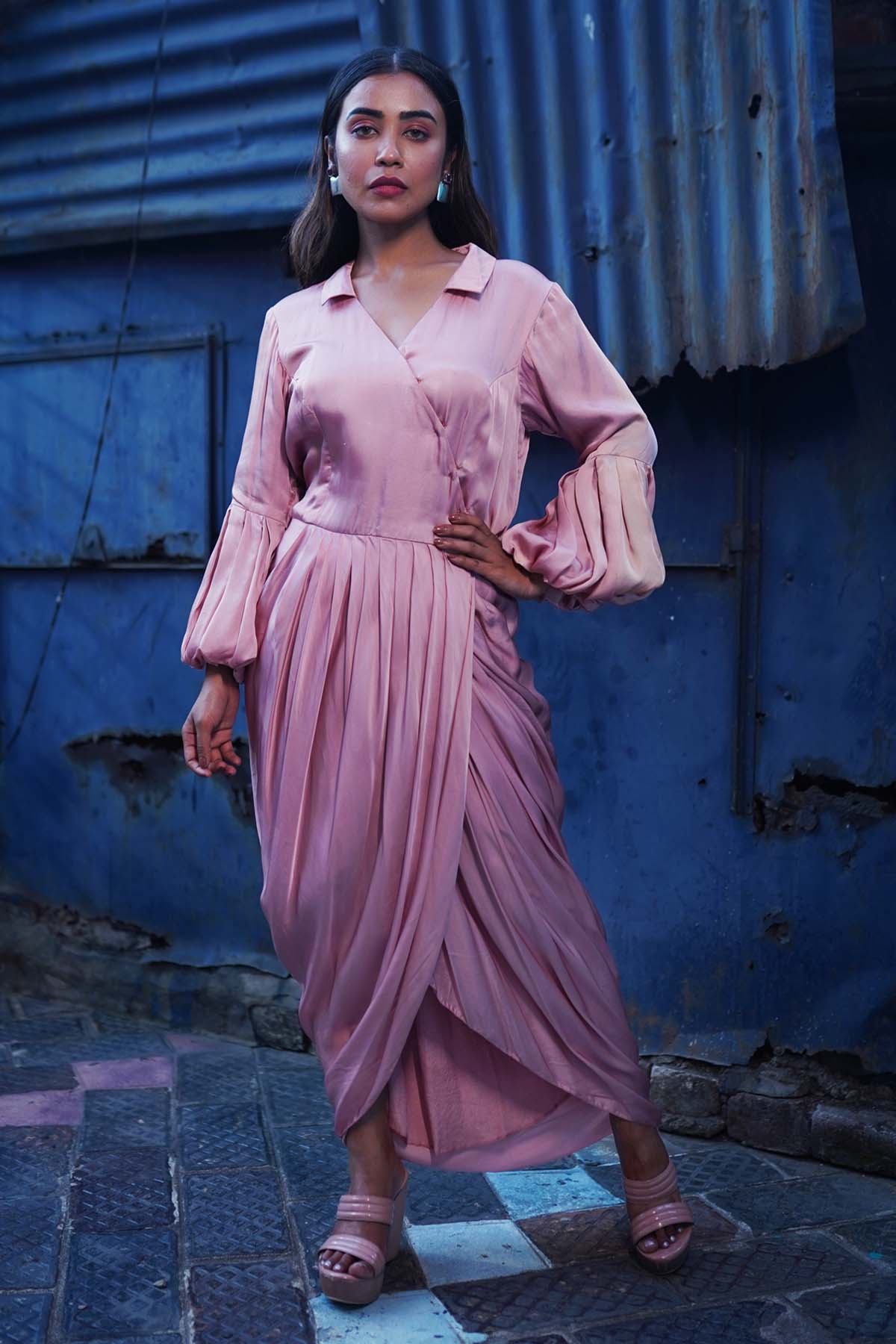 Buy Anamika Khandelwal Pink Satin Silk Overlapping Dress