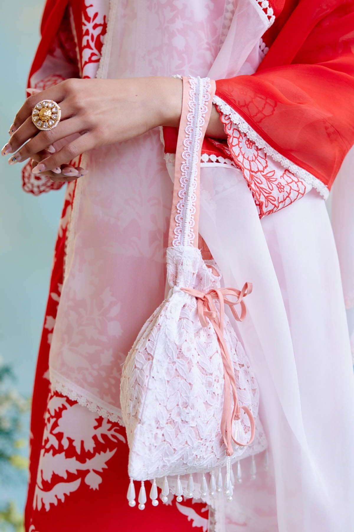 Nero Pink Schiffli Lace Potli Bag Accessories online at ScrollnShops