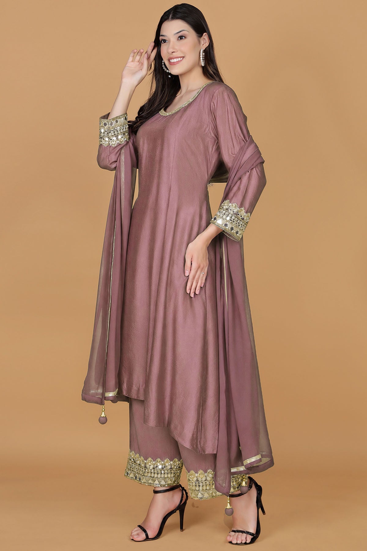 Pink Self Katan Silk Kurta Set