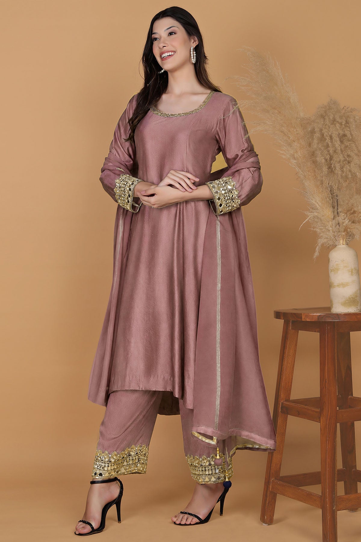 Pink Self Katan Silk Kurta Set