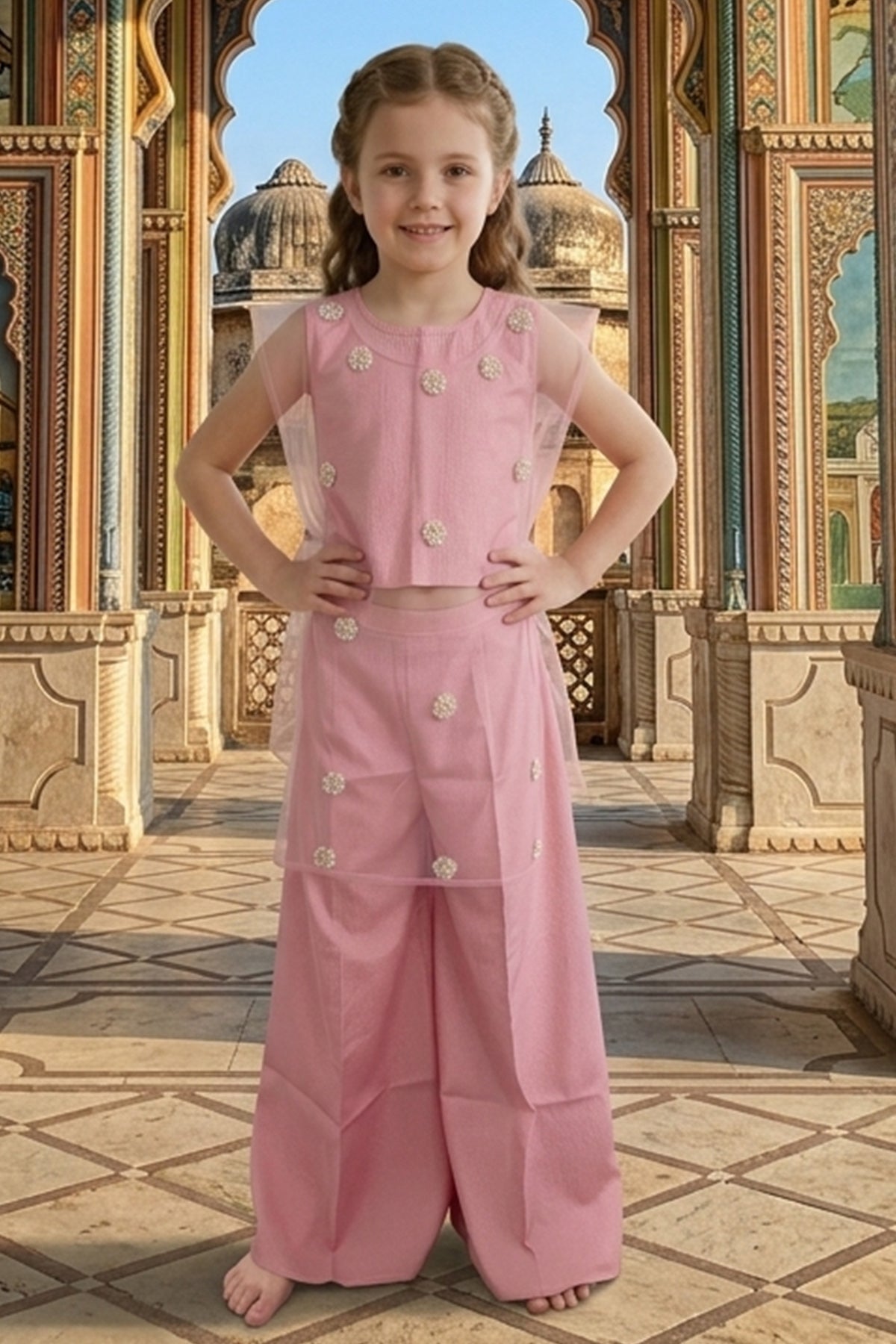 Buy Pink Self Textured Co-ord Set for Kid by ViYa online available at scrollnshops