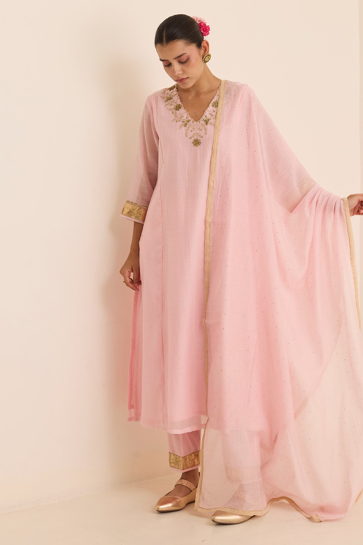 Pink Sequin Chanderi Kurta Set