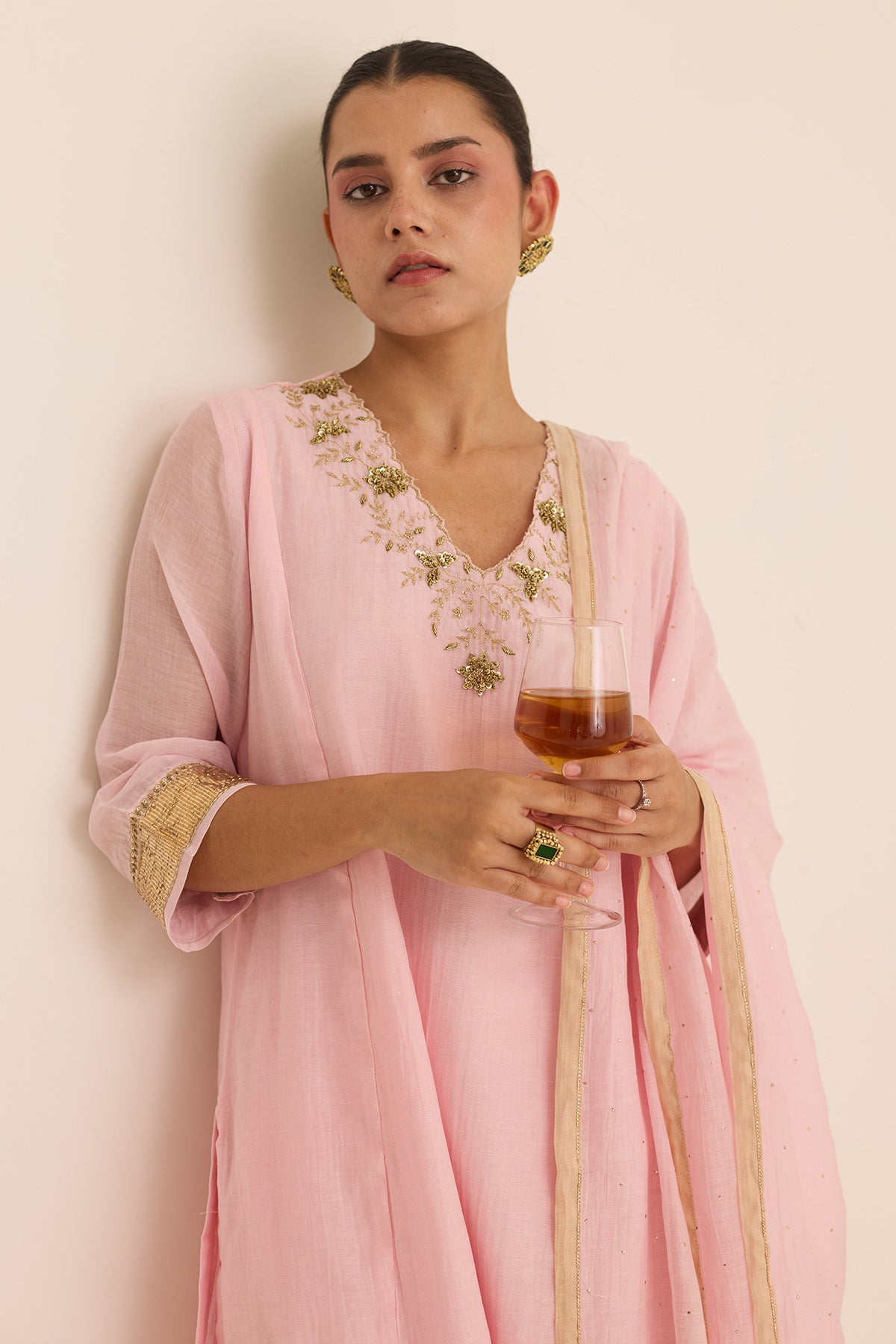 Pink Sequin Chanderi Kurta Set