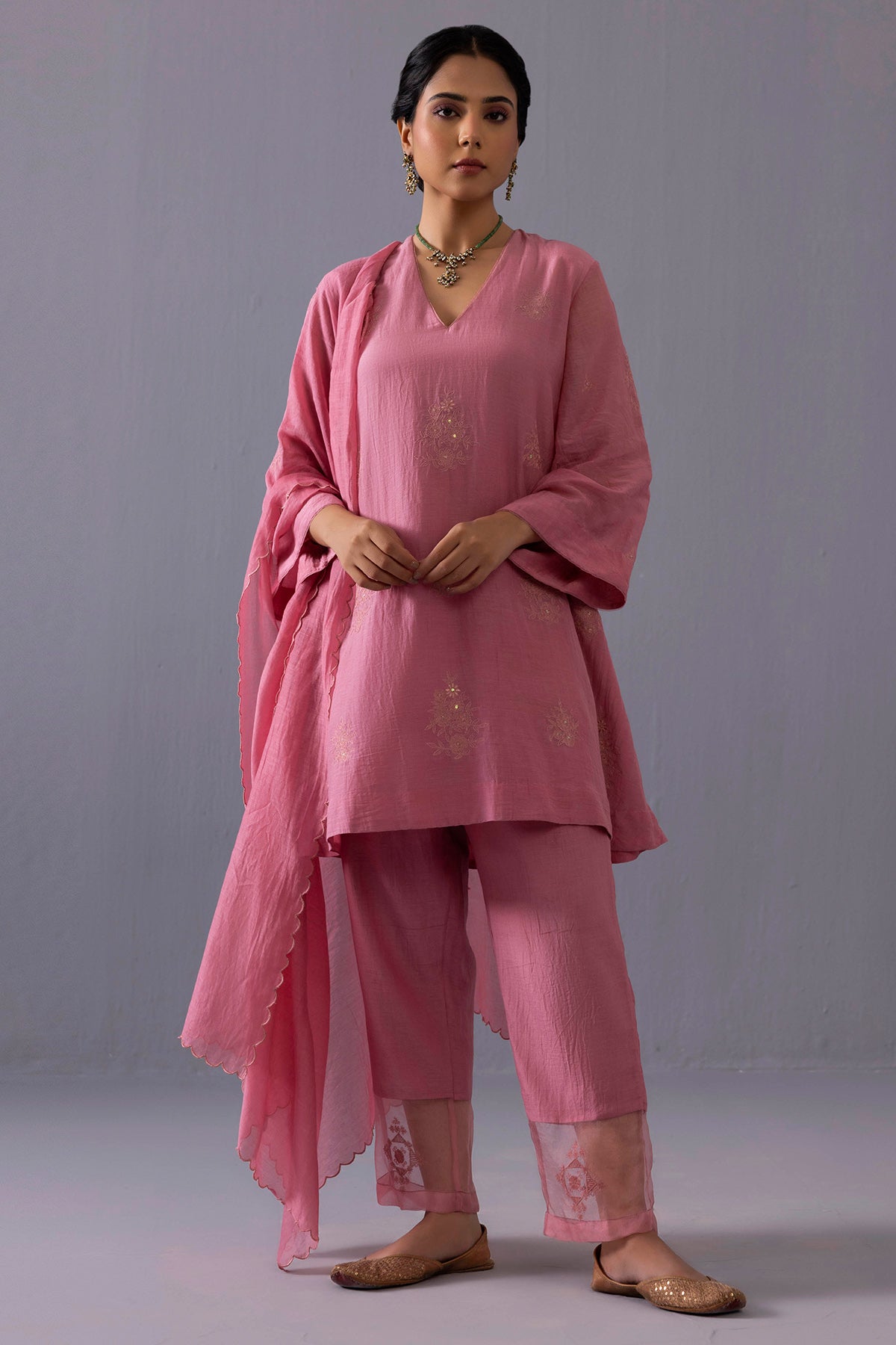 Pink Sequins Floral Kurta Set