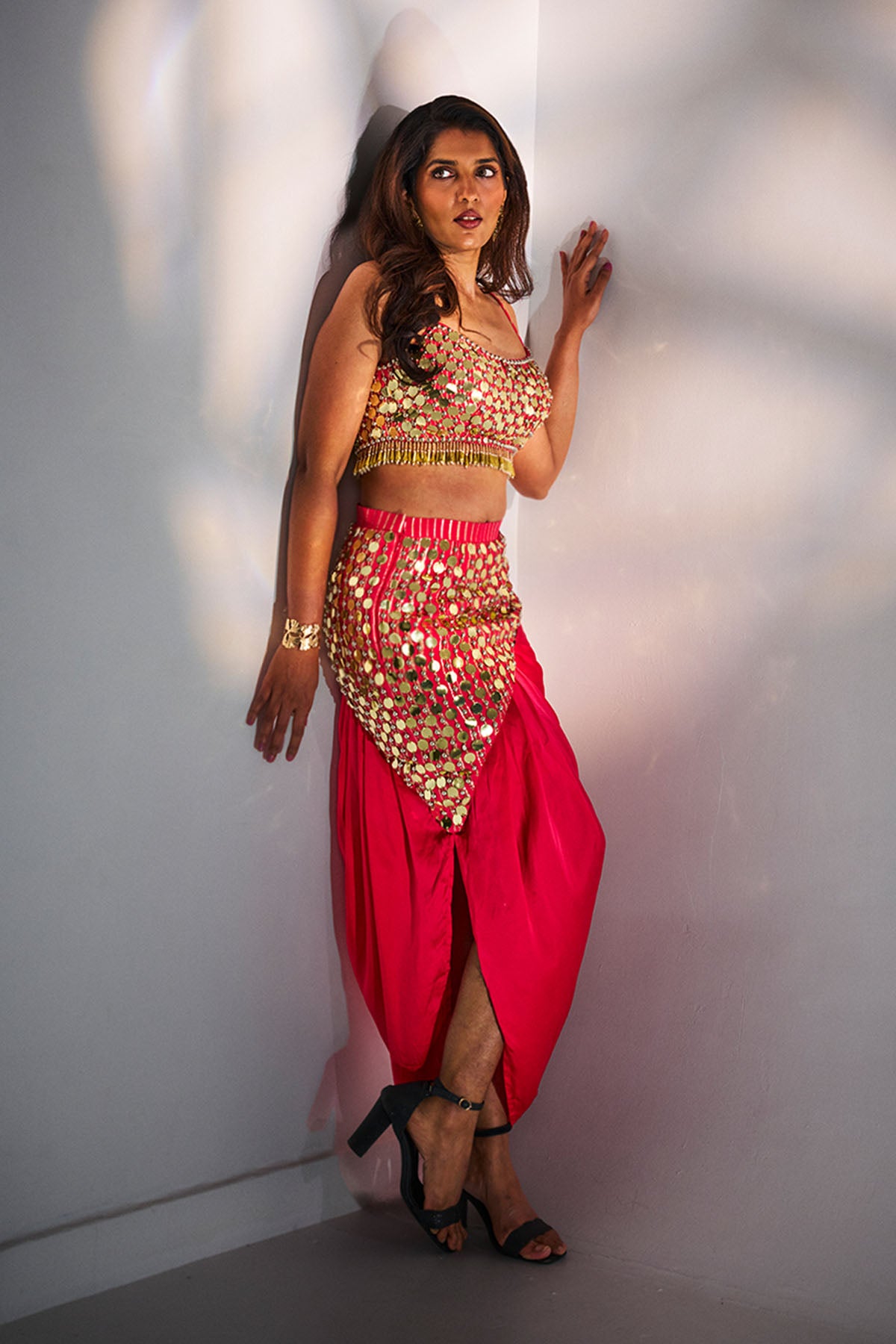 Pink Sequins & Moti Skirt set