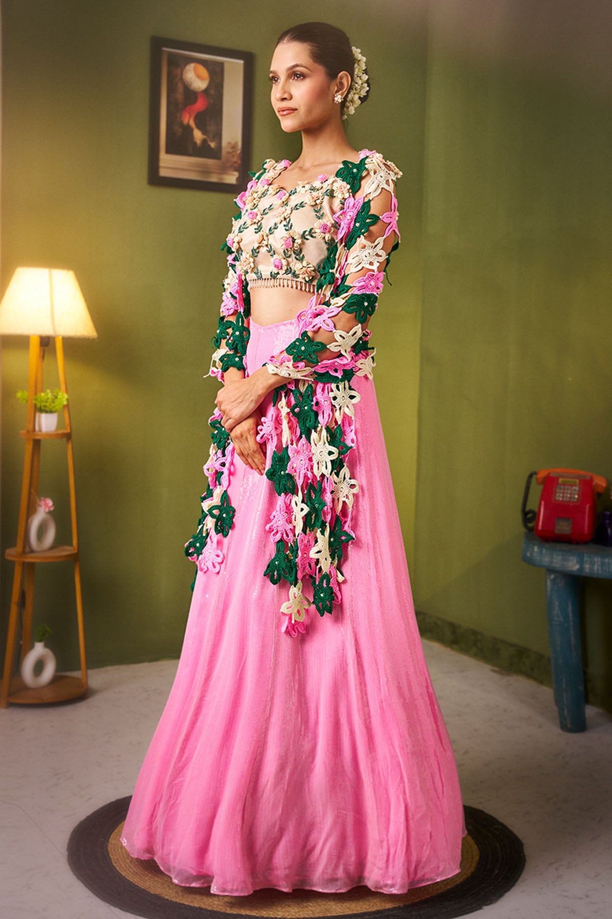Buy Pink Shimmer Georgette Lehenga for women by Ricka Gauba online available at scrollnshops