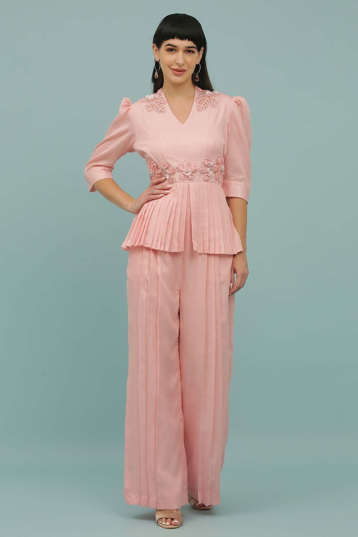 Buy Pink Silk Blend Peplum Jumpsuit by Sejal Kamdar for women online at ScrollnShops