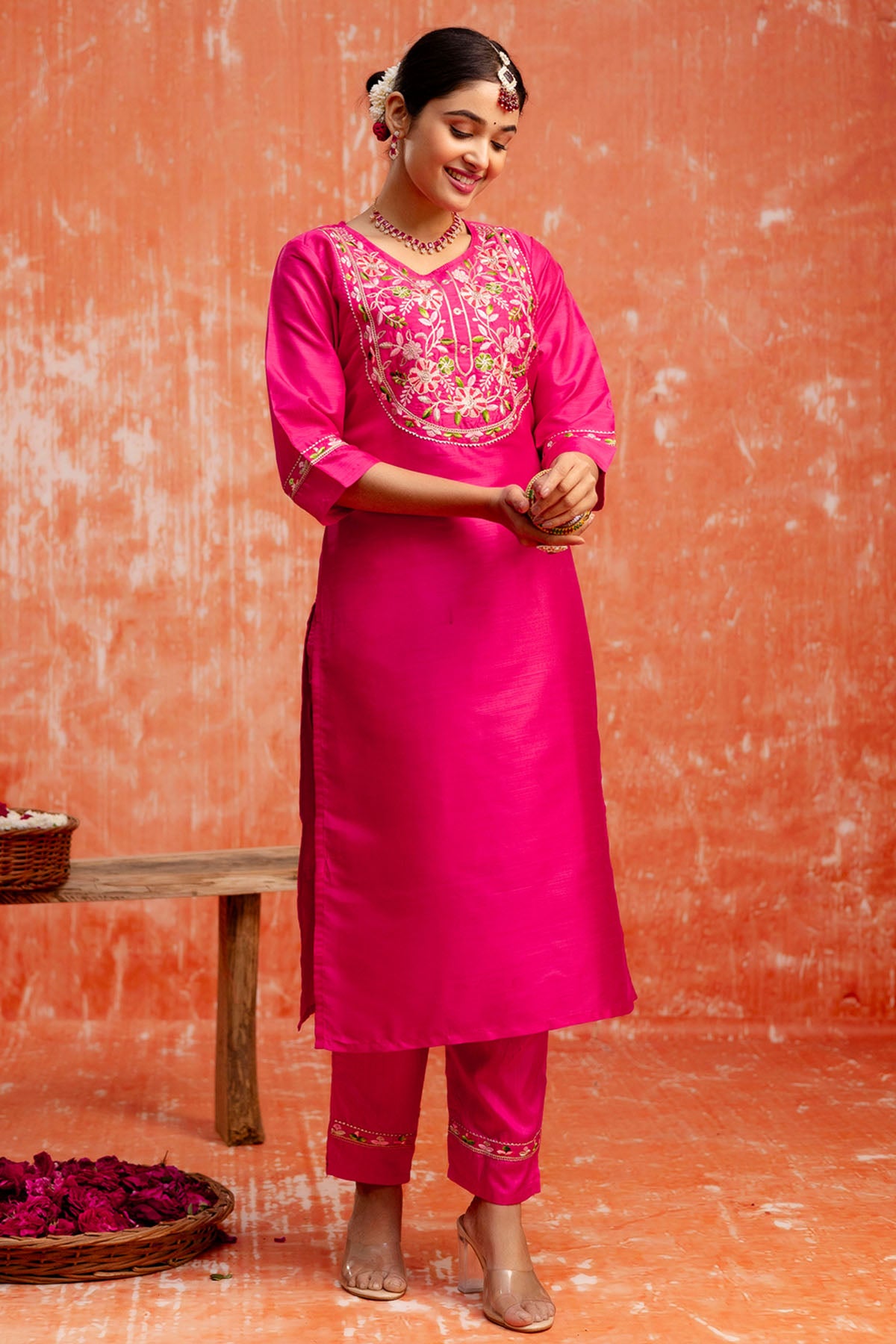 Pink Silk Blend Print Kurta Set