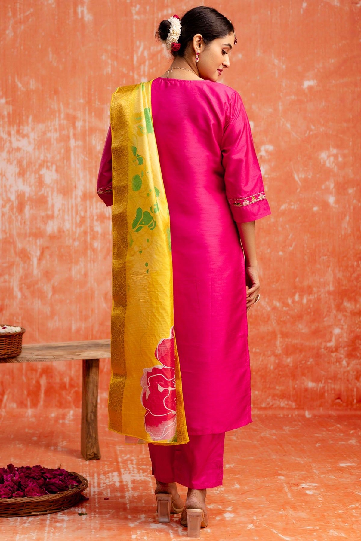 Pink Silk Blend Print Kurta Set