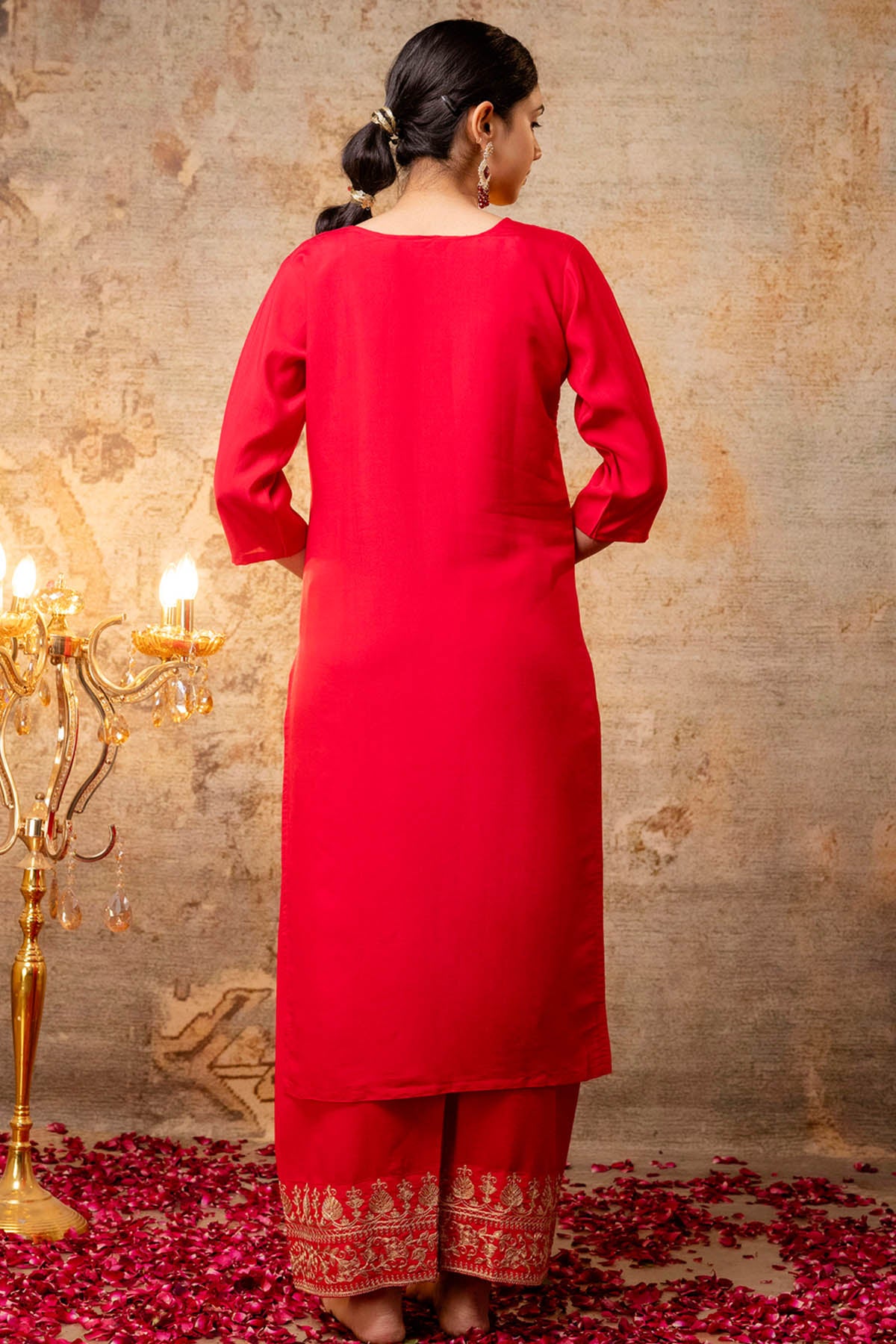 Pink Silk Blend Vneck Kurta Set
