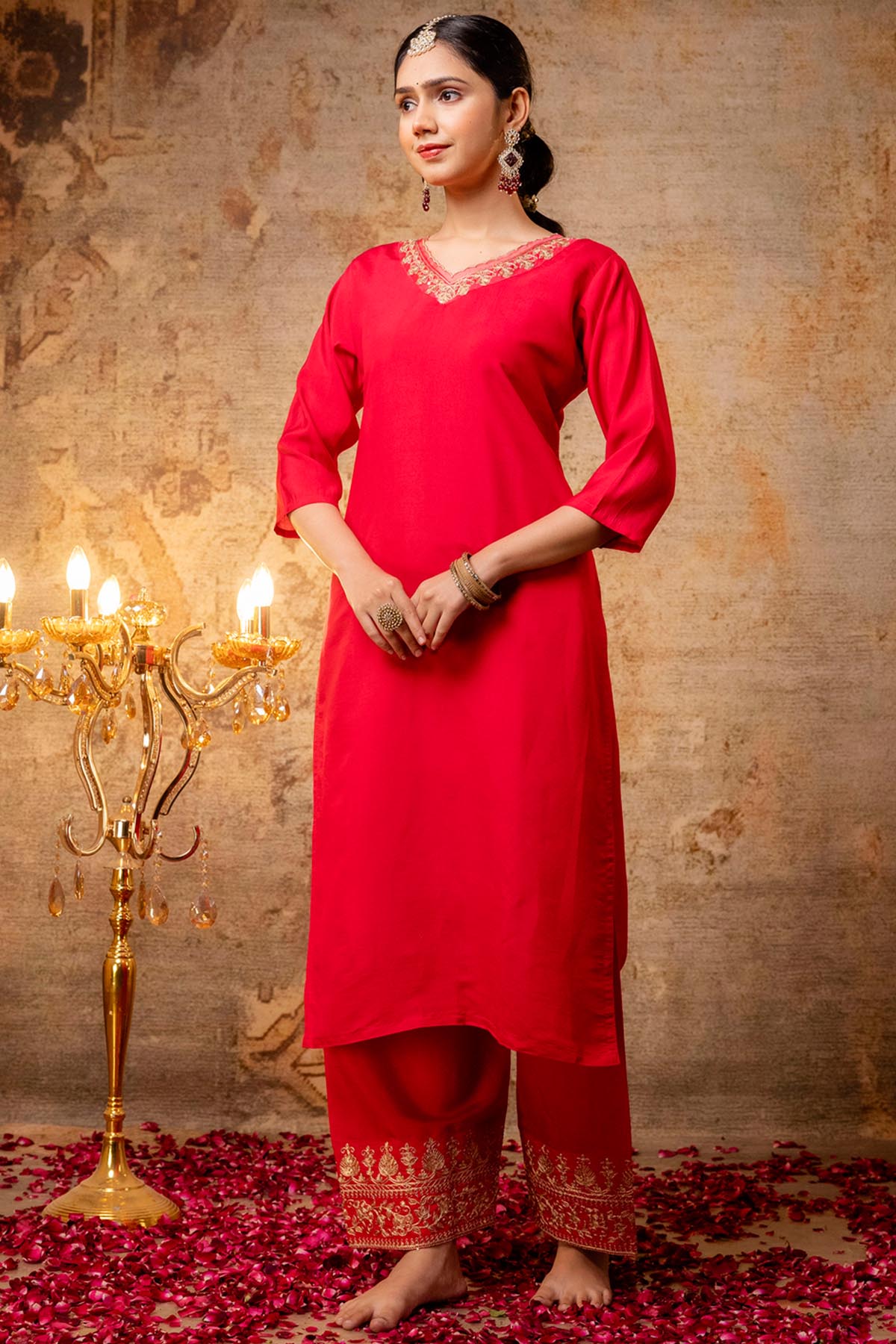 Pink Silk Blend Vneck Kurta Set