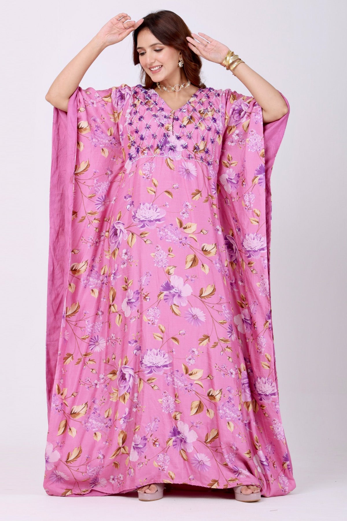 Buy Pink Silk Embroidered Kaftan for women by Namita Sharma Designer online available at scrollnshops
