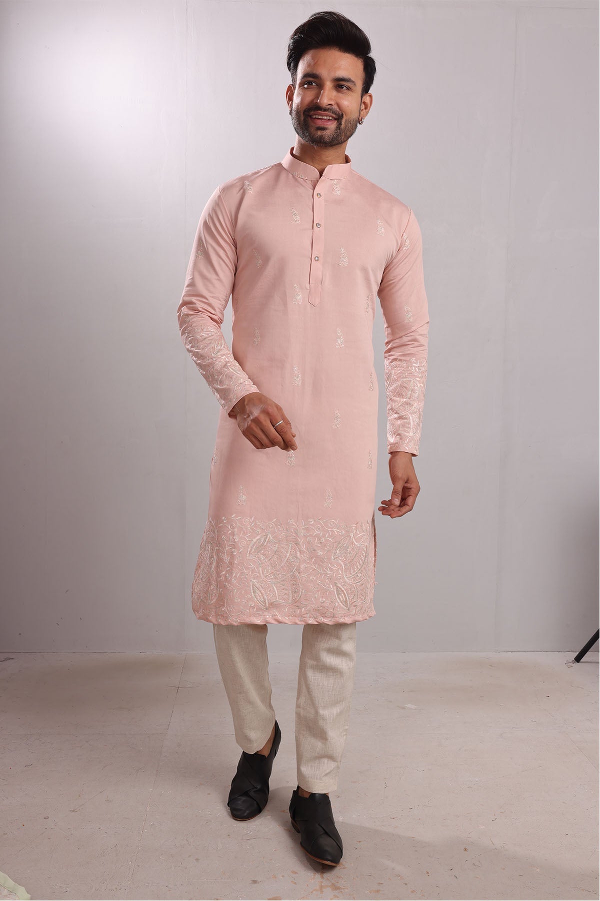 Buy Pink Silk Embroidered Kurta by SNEHA B - Men for men online at ScrollnShops