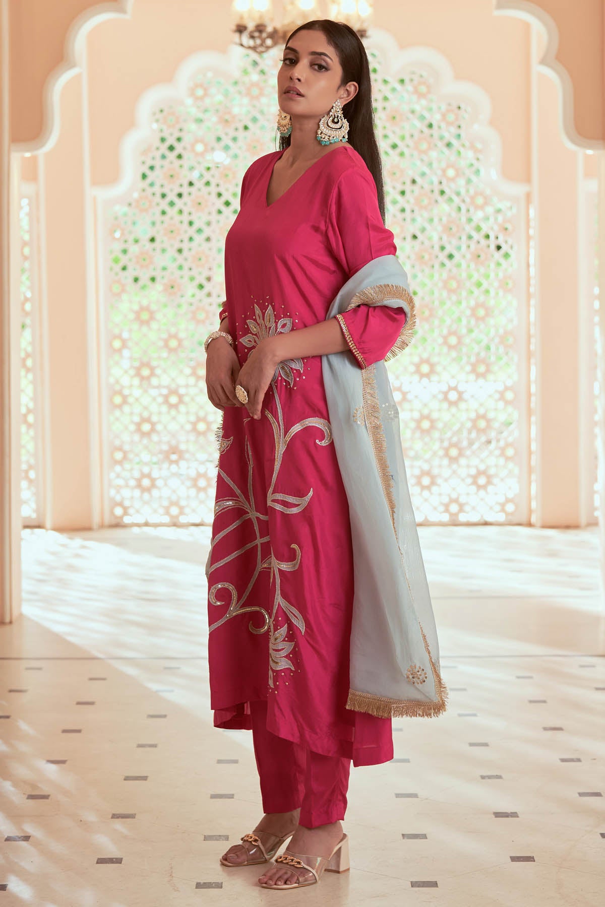 Pink Silk Embroidered Kurta Set