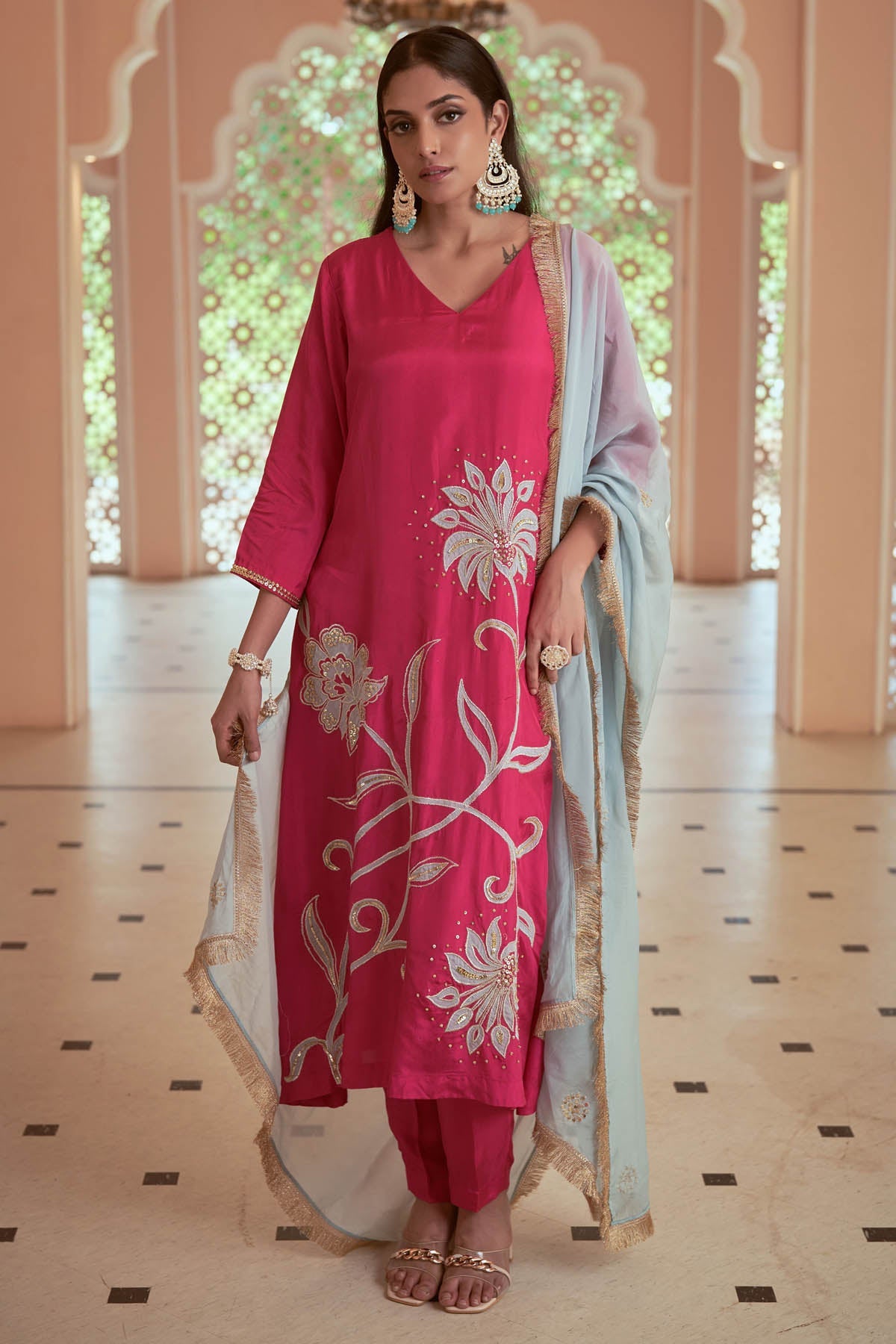 Megha Pitti Pink Silk Embroidered Kurta Set for women online at ScrollnShops