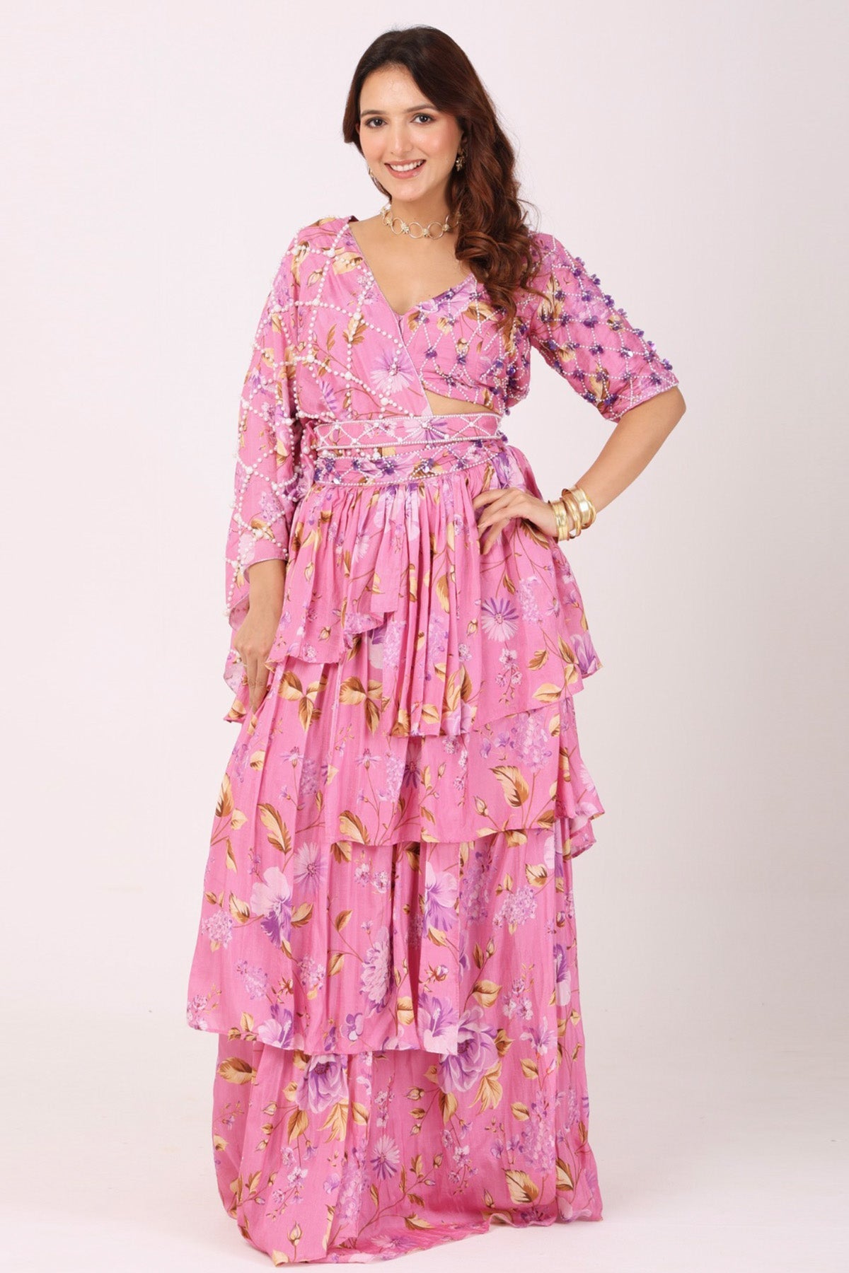 Buy Pink Silk Embroidered Saree Set for women by Namita Sharma Designer online available at scrollnshops