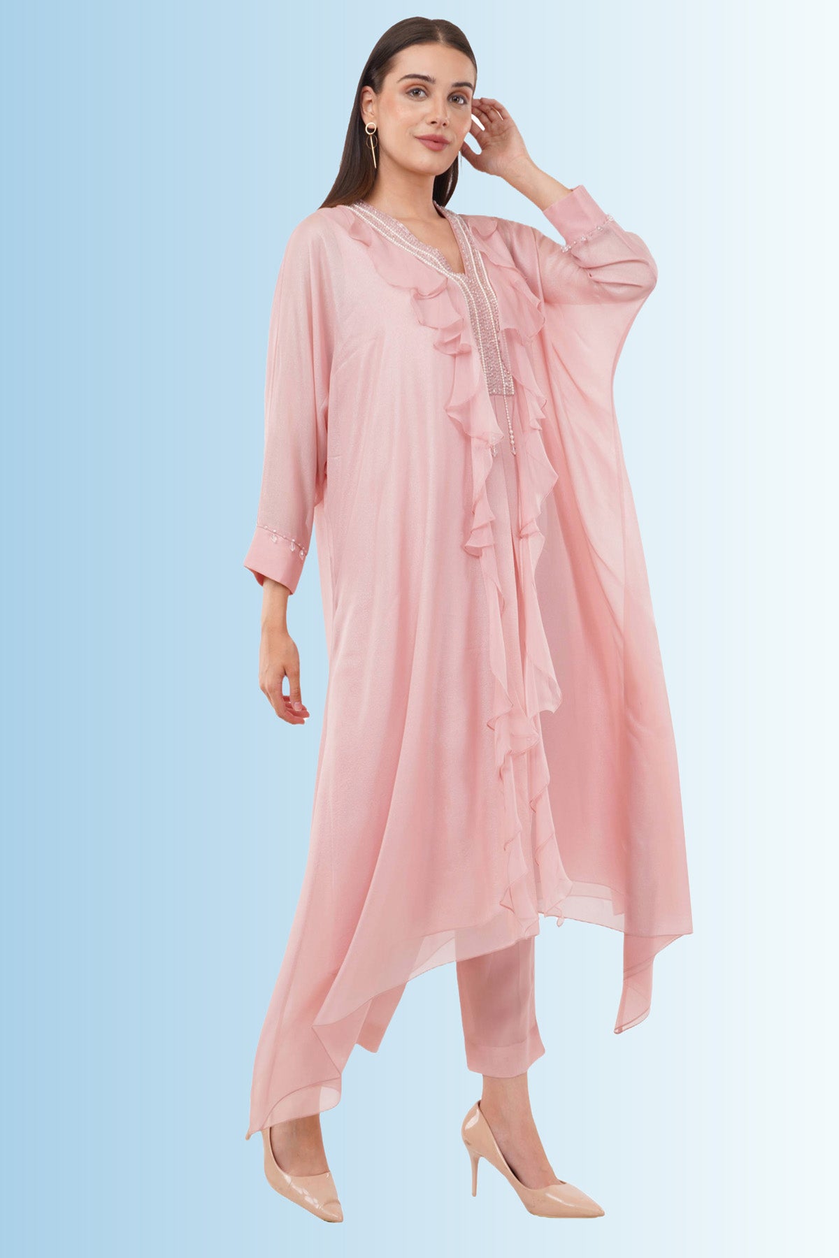 Pink Silk Embroidered Tunic Set
