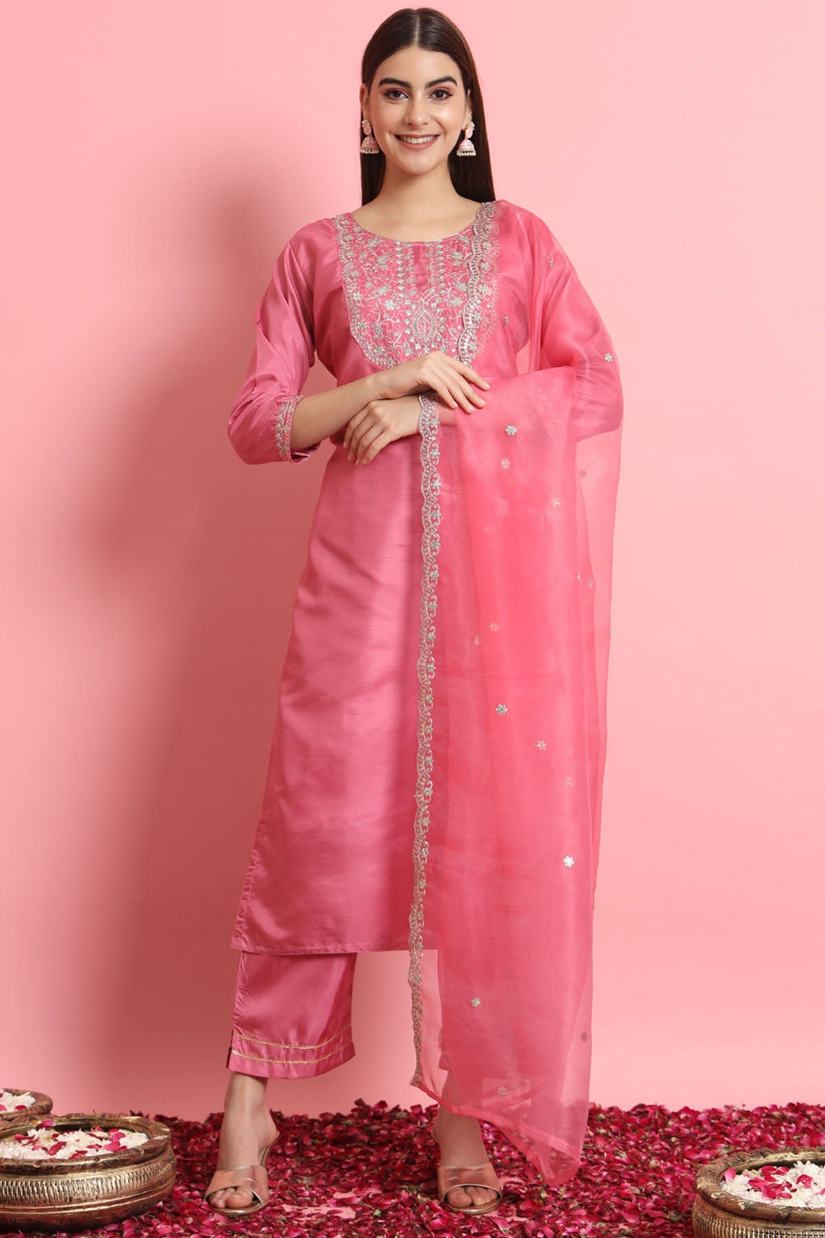 Buy Pink Silk Embroidery Kurta Set for women by Aastha Fashion online available at scrollnshops