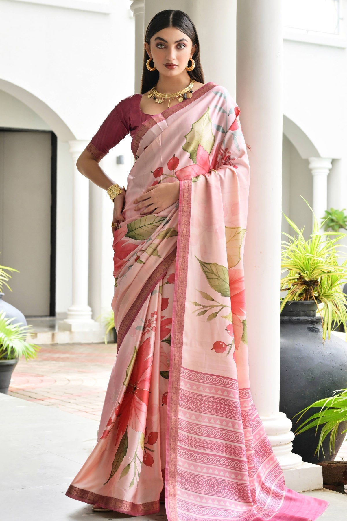Buy Pink Silk Floral Printed Saree for women by Lili Lala online available at scrollnshops