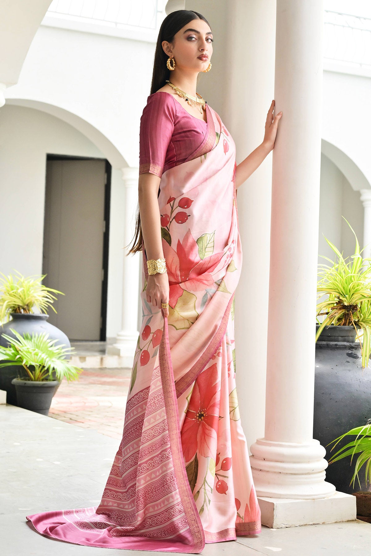 Pink Silk Floral Printed Saree