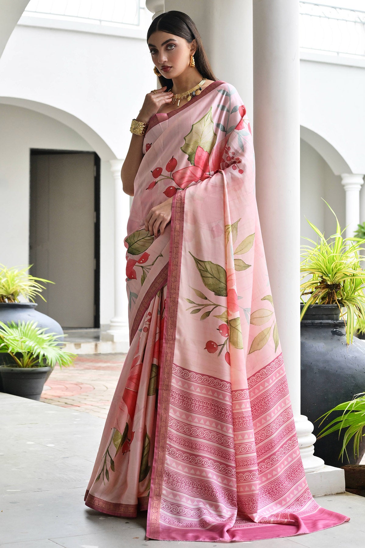Pink Silk Floral Printed Saree