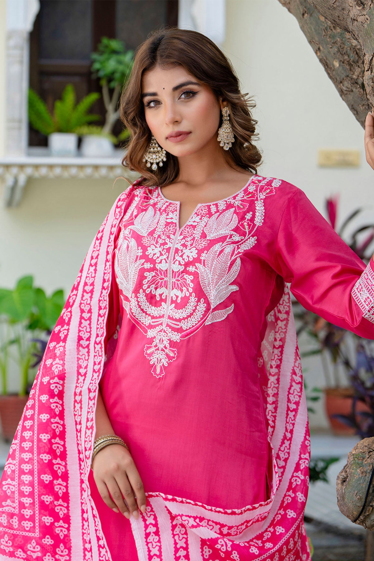 Pink Silk Floral Yoke Kurta Set