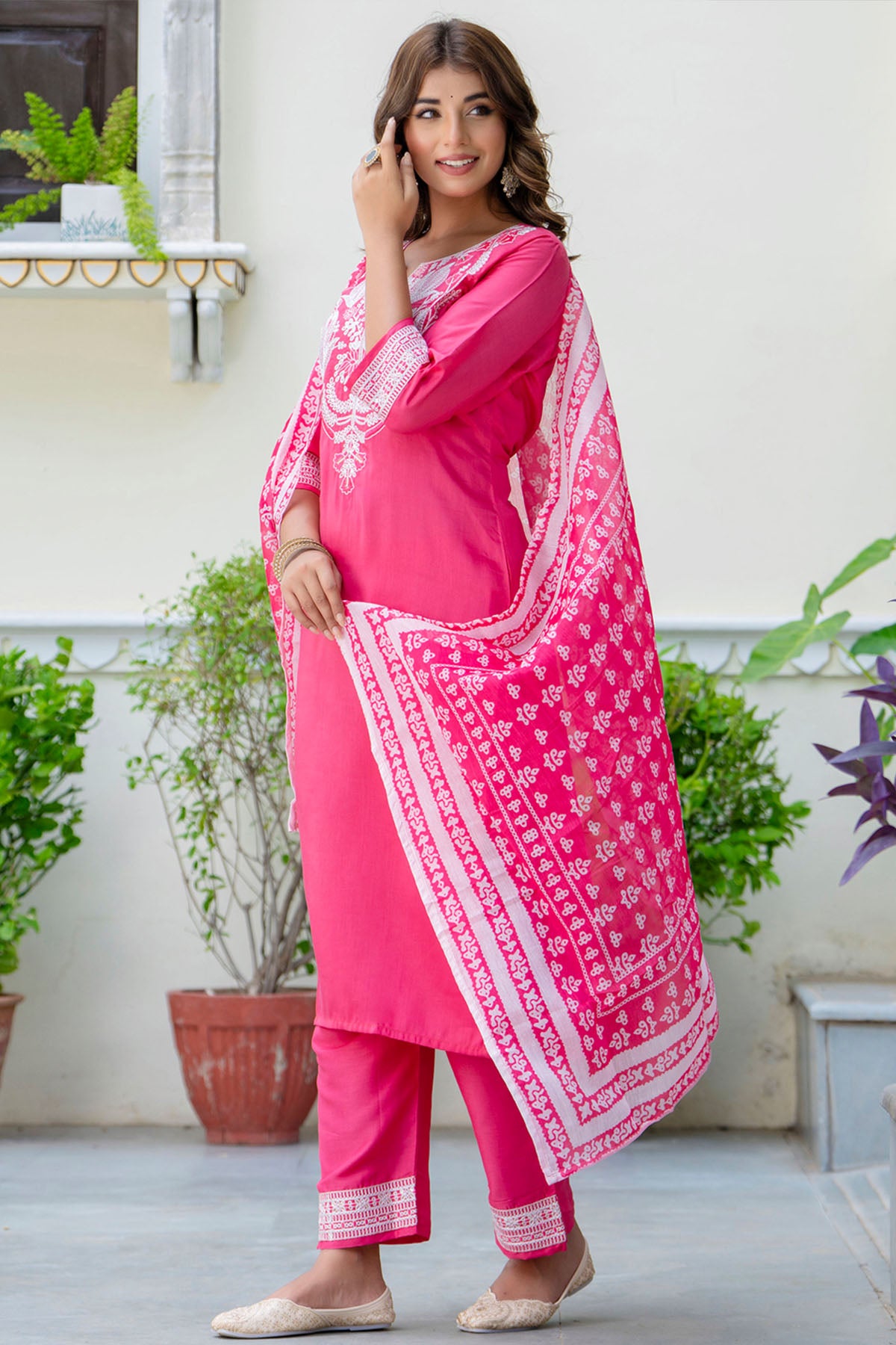 Pink Silk Floral Yoke Kurta Set