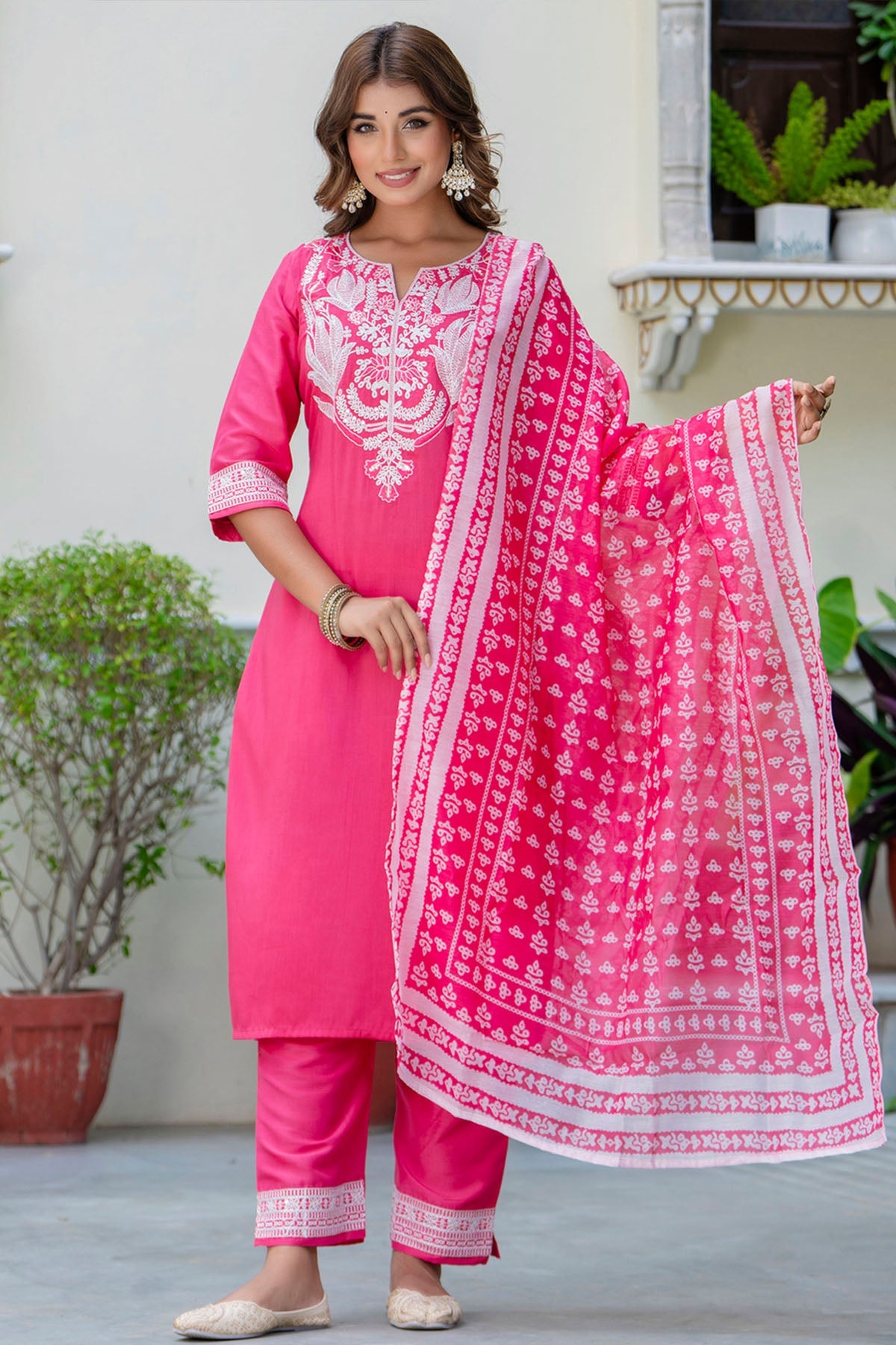 Buy Pink Silk Floral Yoke Kurta Set for women by Aastha Fashion online available at scrollnshops