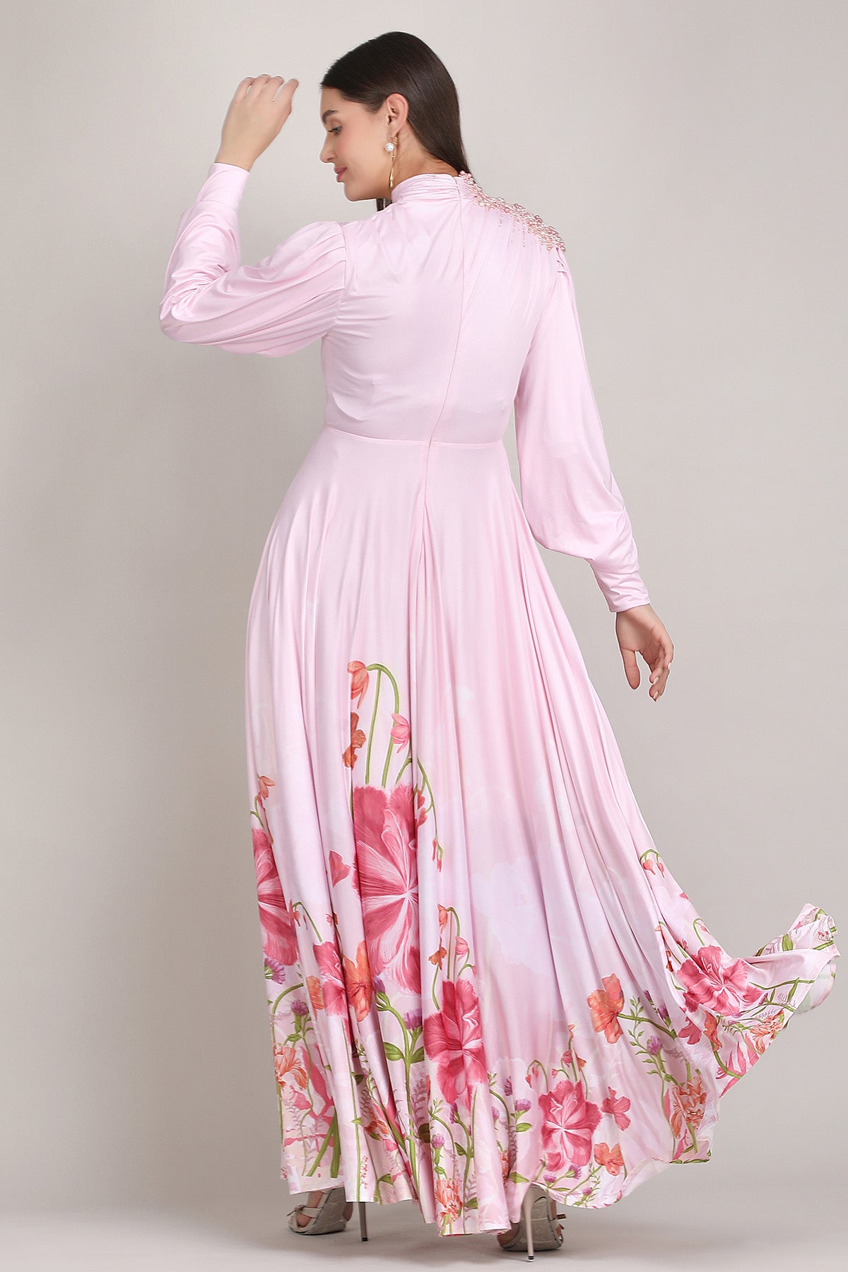 Pink Silk Printed Draped Dress