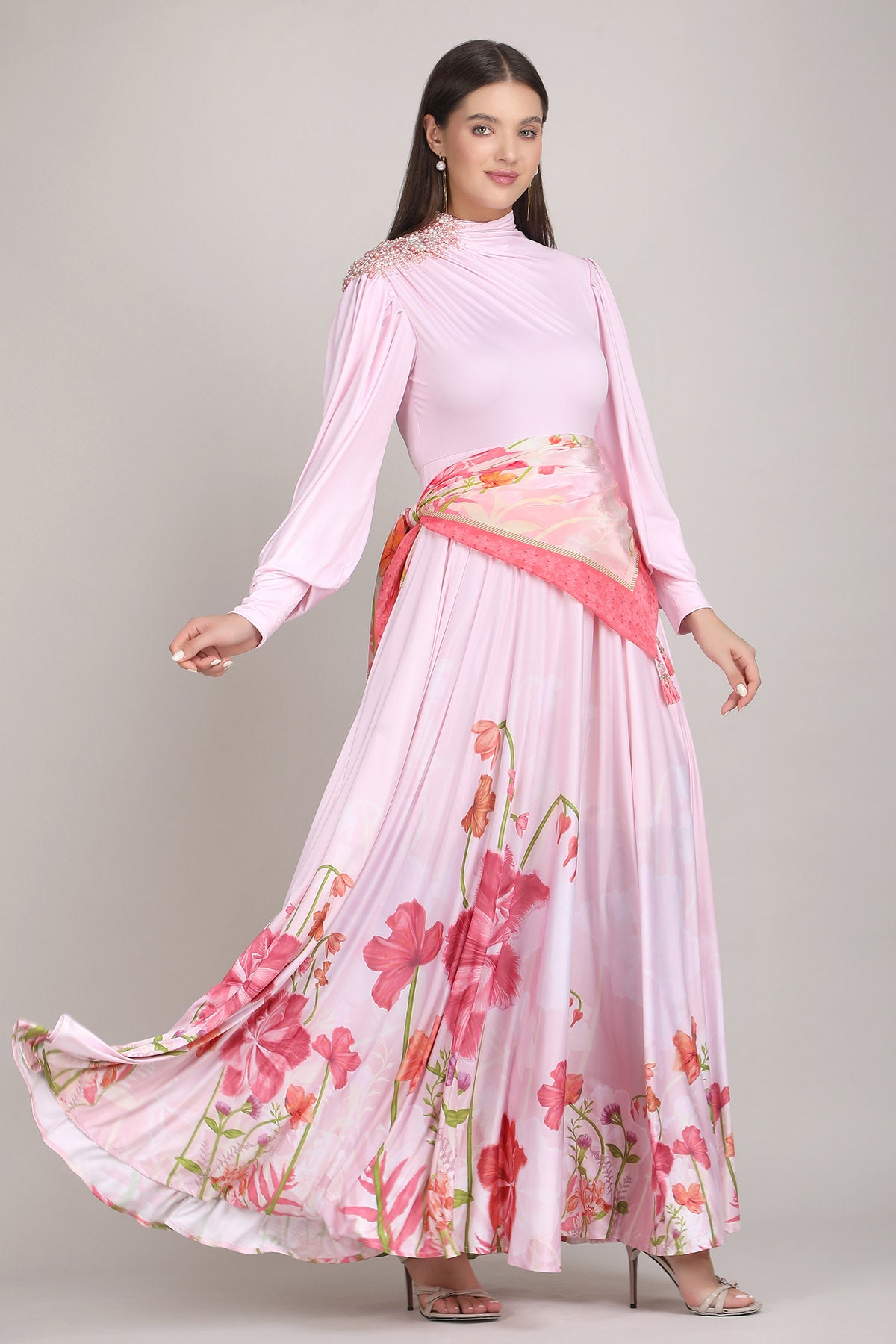 Pink Silk Printed Draped Dress