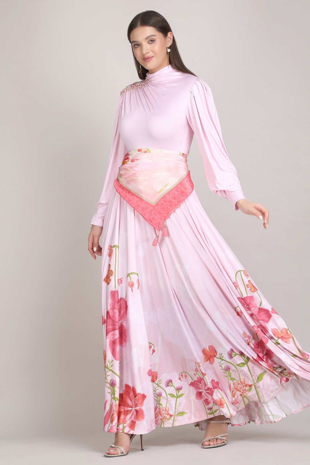 Pink Silk Printed Draped Dress