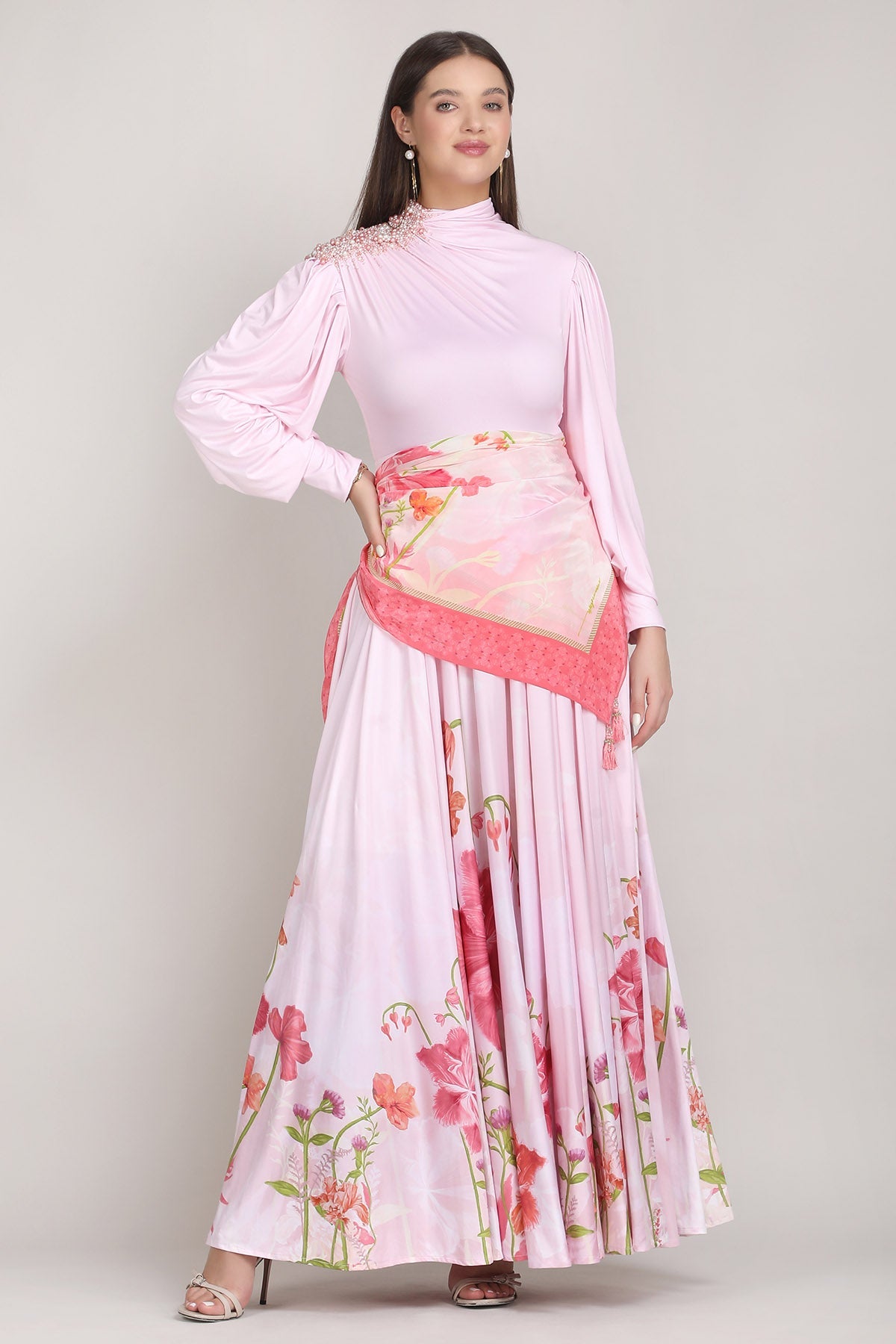 Buy Pink Silk Printed Draped Dress for women by Mandira Wirk online available at scrollnshops