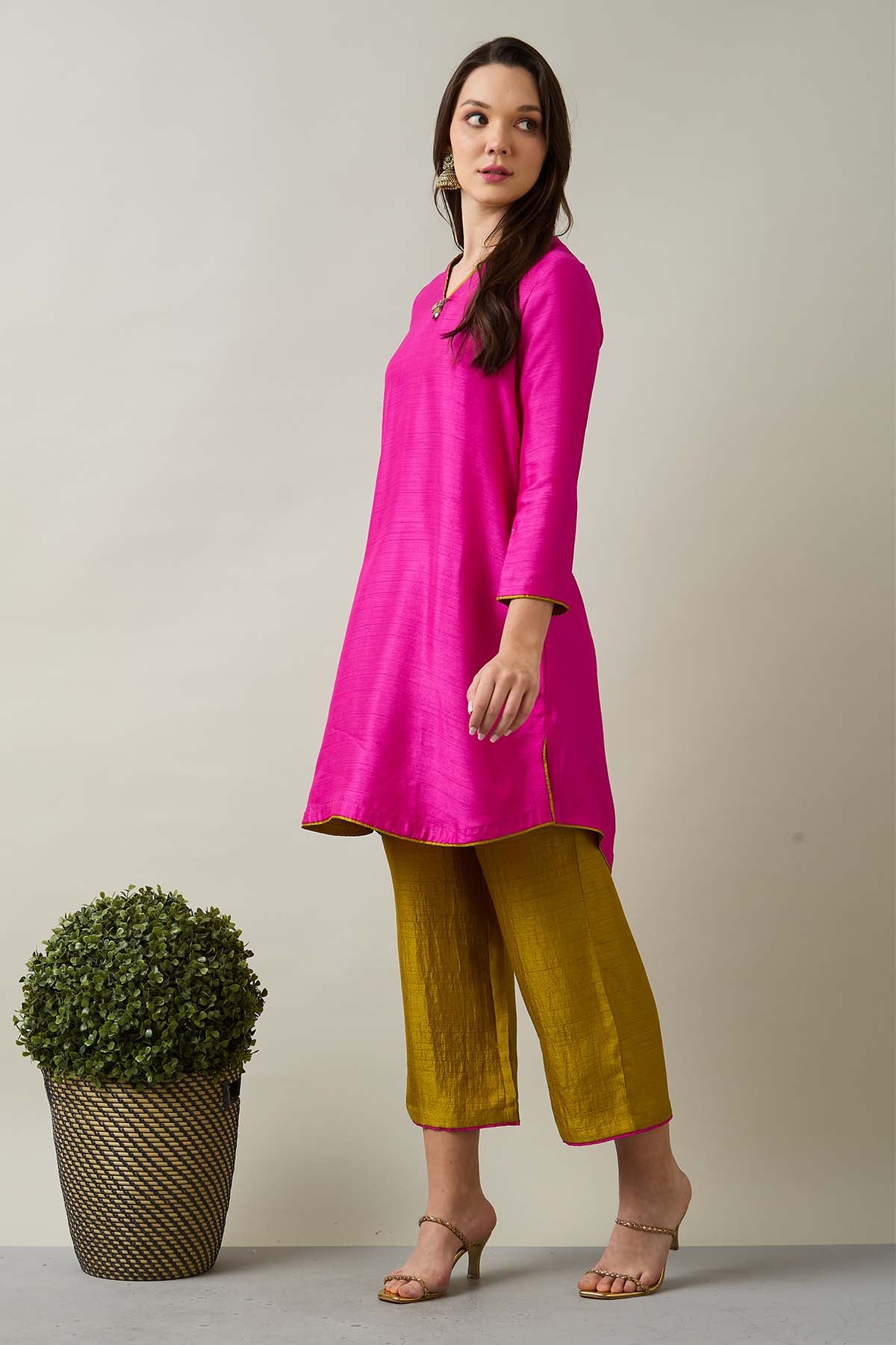 Pink Silk Short Kurta & Pants
