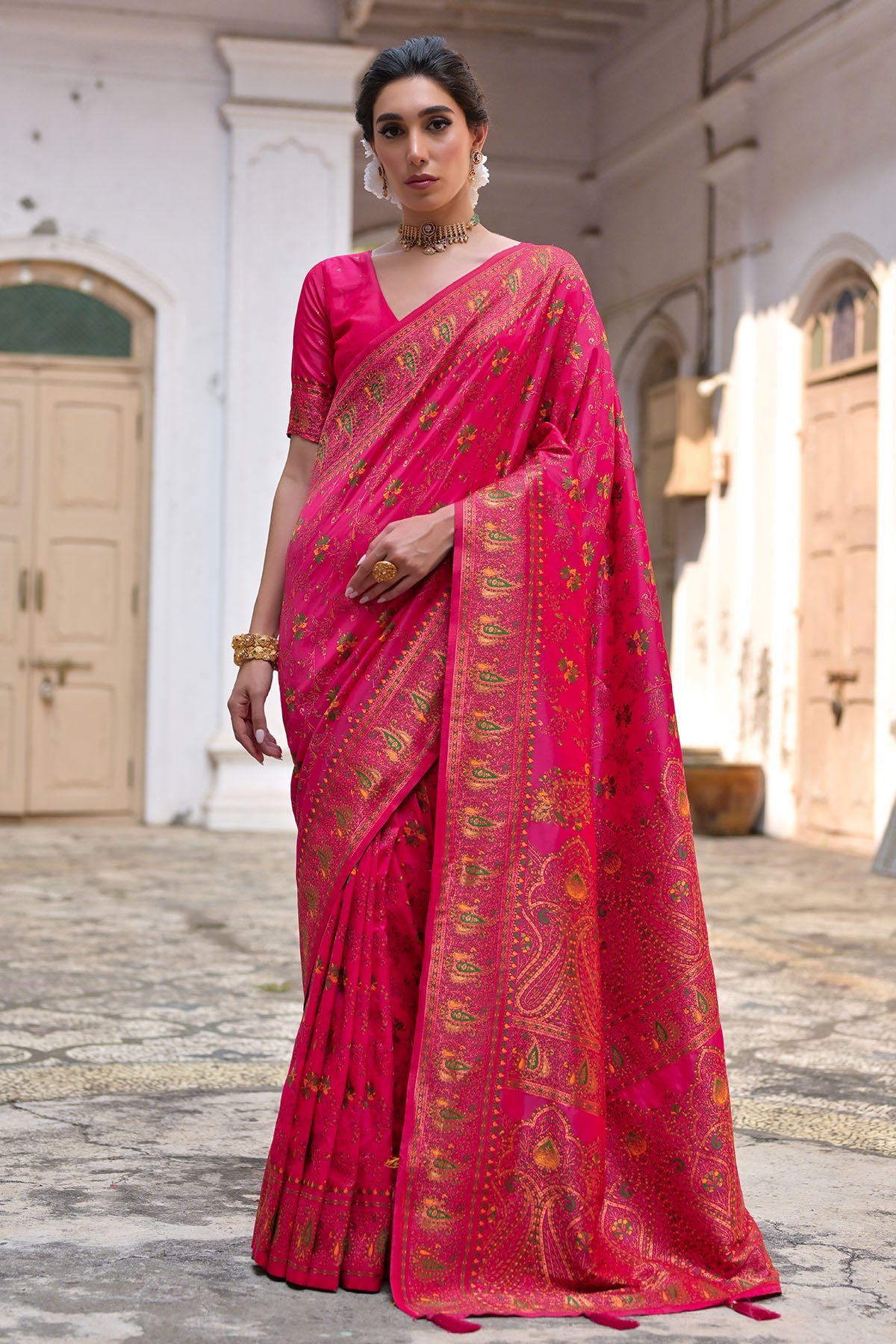 Buy Pink Silk Thread Woven Saree by Lili Lala for women online at ScrollnShops